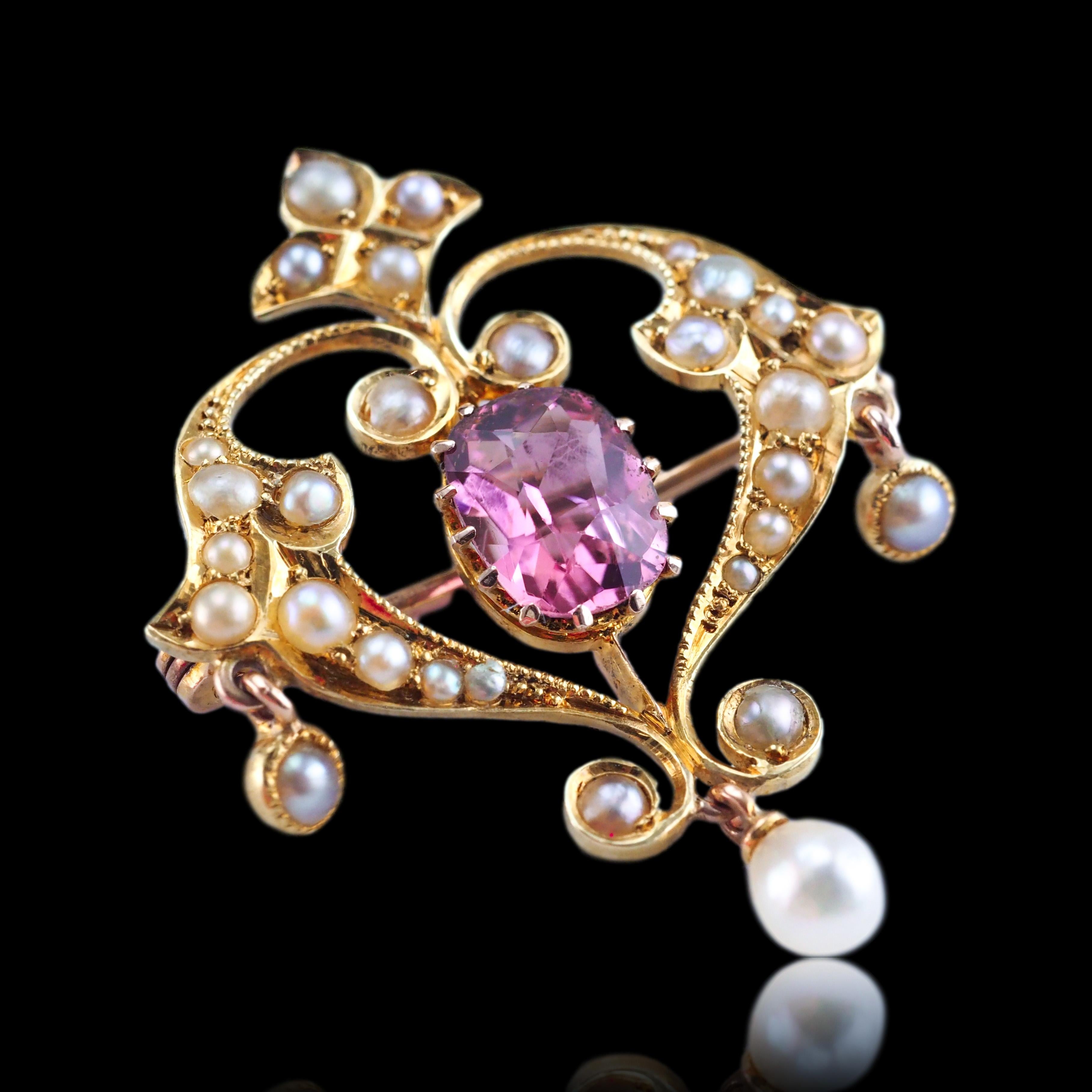 Antique Edwardian Pink Tourmaline & Seed Pearl 15K Gold Pendant Necklace - c.19 For Sale 4