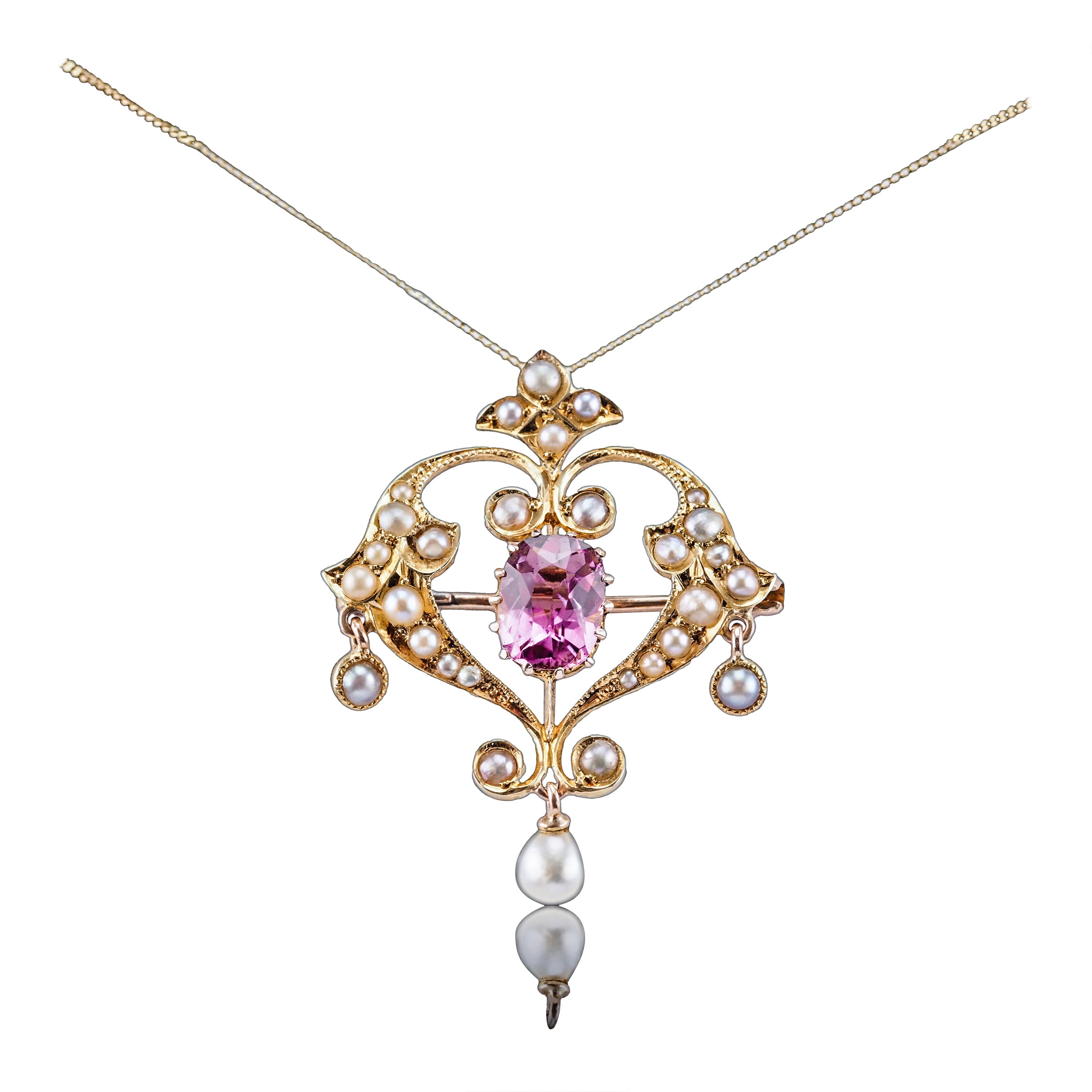 Collana con ciondolo in oro 15 carati e tormalina rosa edoardiana - C.C.