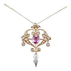 Collana con ciondolo in oro 15 carati e tormalina rosa edoardiana - C.C.
