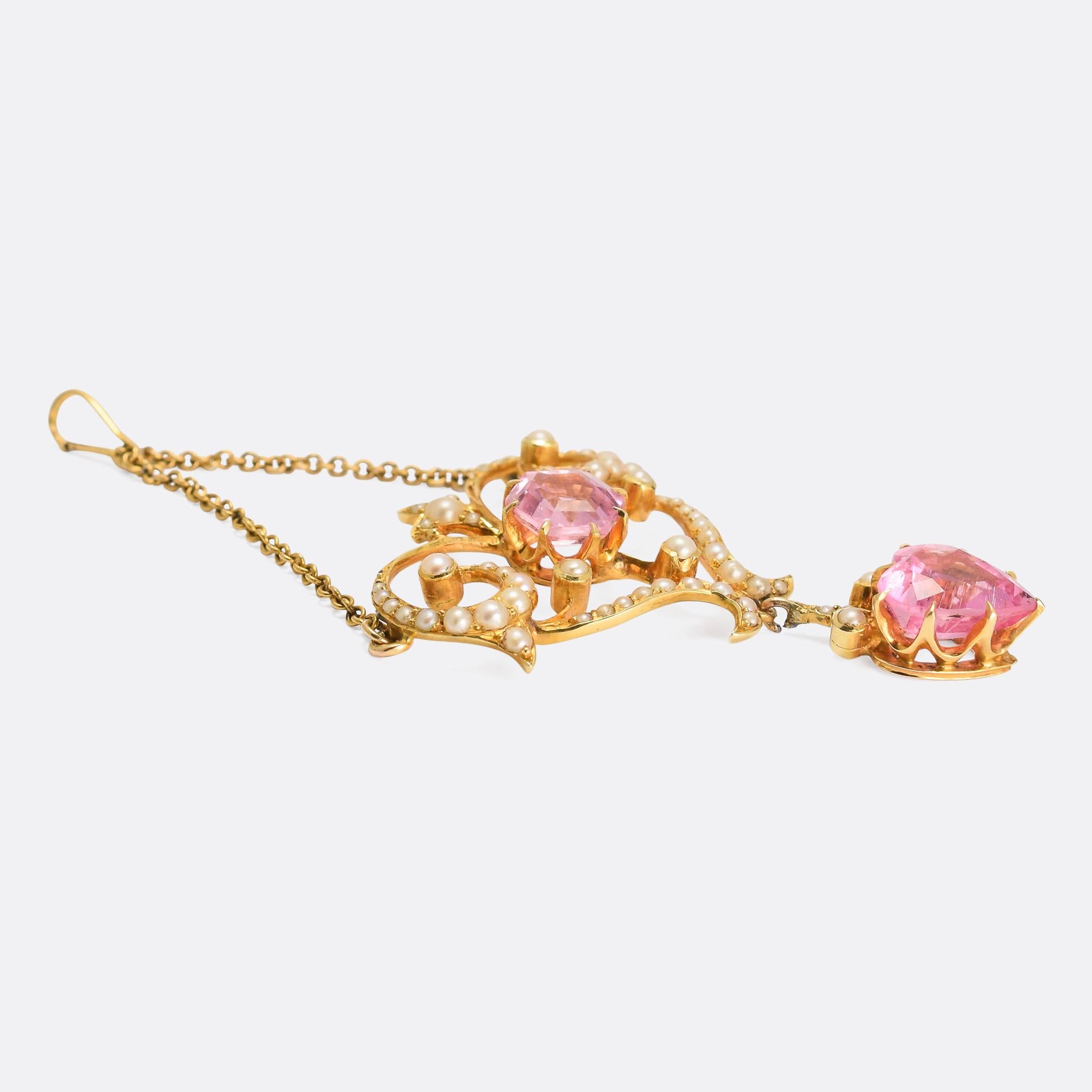 Women's Antique Edwardian Pink Tourmaline Seed Pearl Lavaliere Pendant Necklace