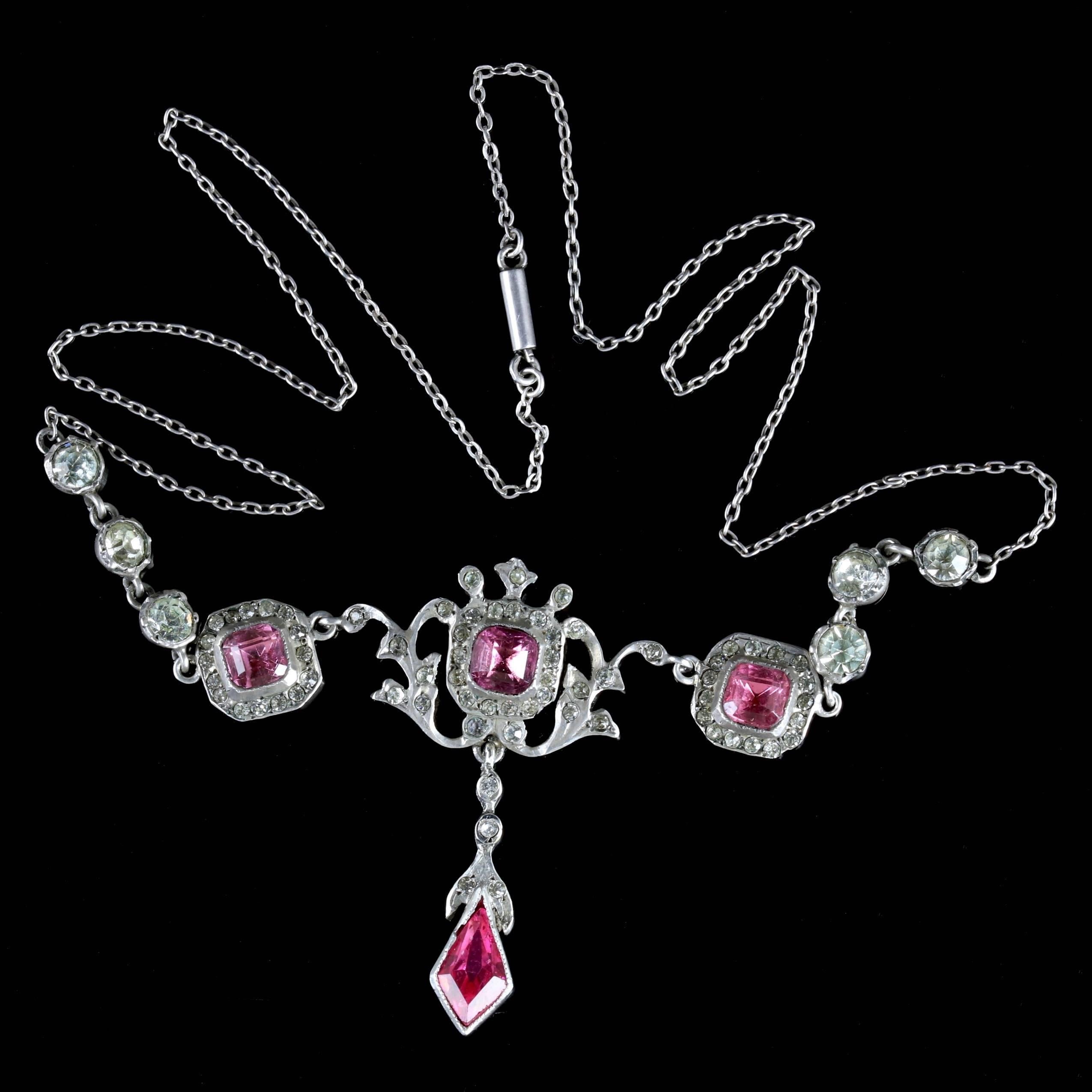 Antique Edwardian Pink White Paste Necklace Silver, circa 1905 In Excellent Condition For Sale In Lancaster, Lancashire