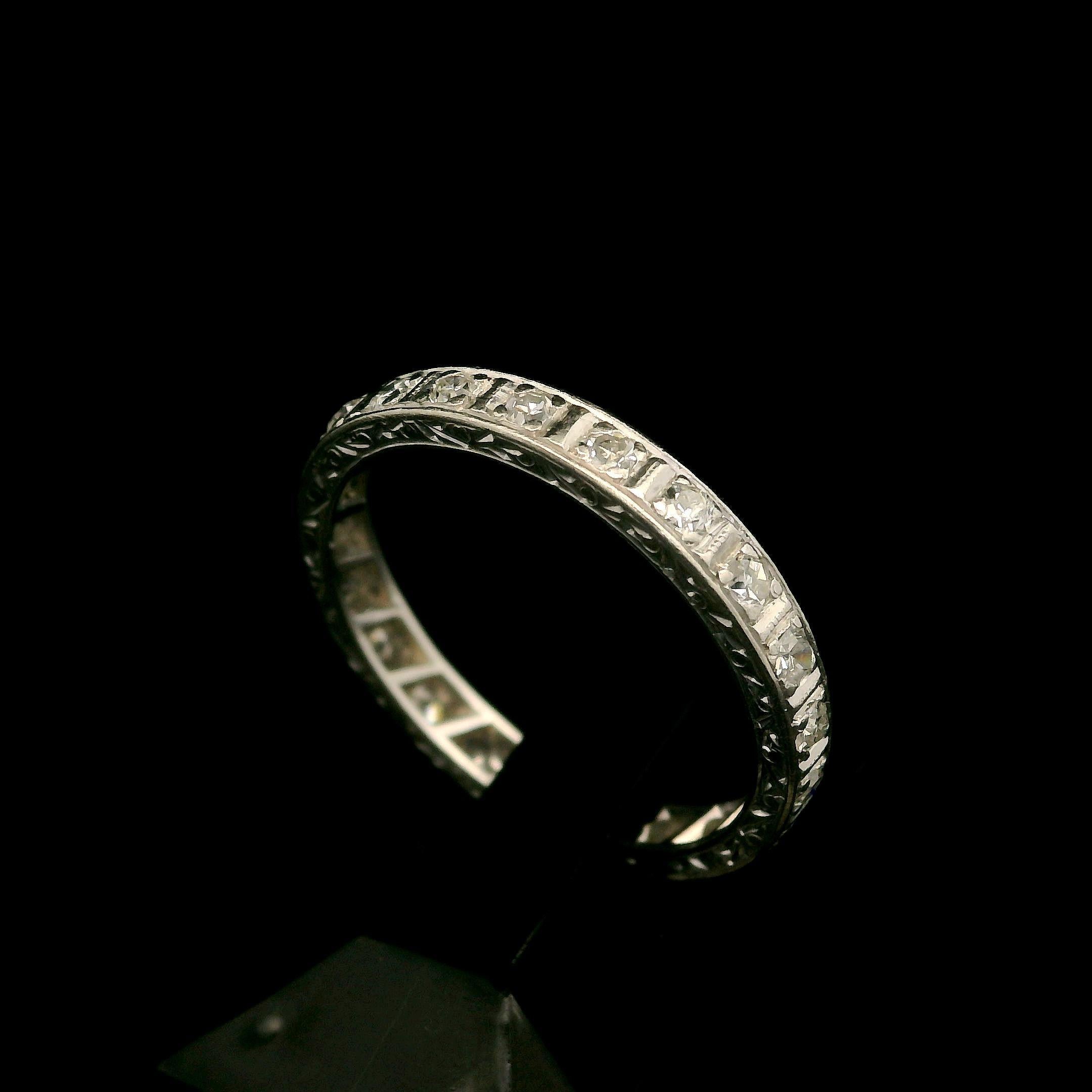 Single Cut Antique Edwardian Platinum 0.40ctw Old Diamond Engraved Eternity Band Ring For Sale