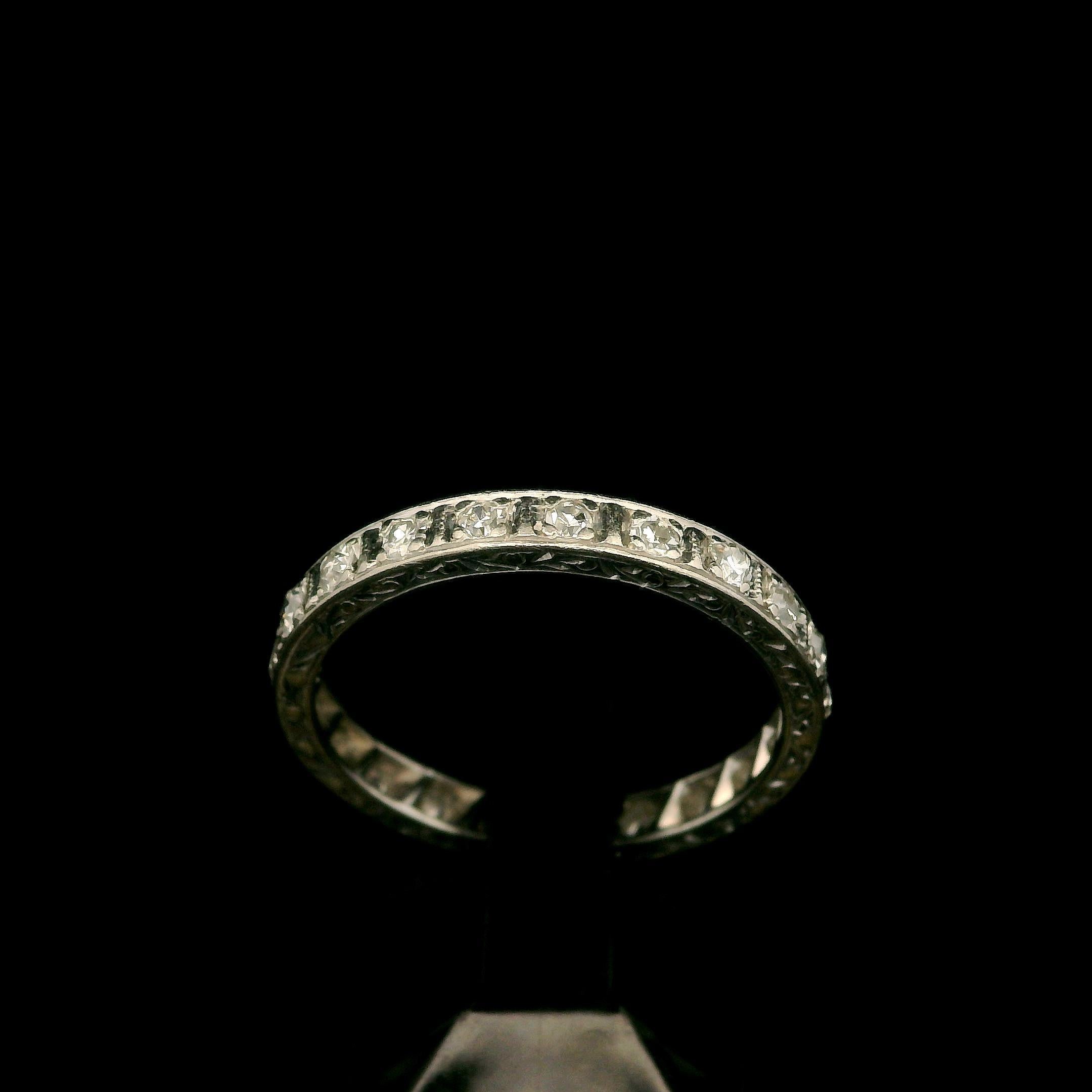 Antique Edwardian Platinum 0.40ctw Old Diamond Engraved Eternity Band Ring In Good Condition For Sale In Montclair, NJ