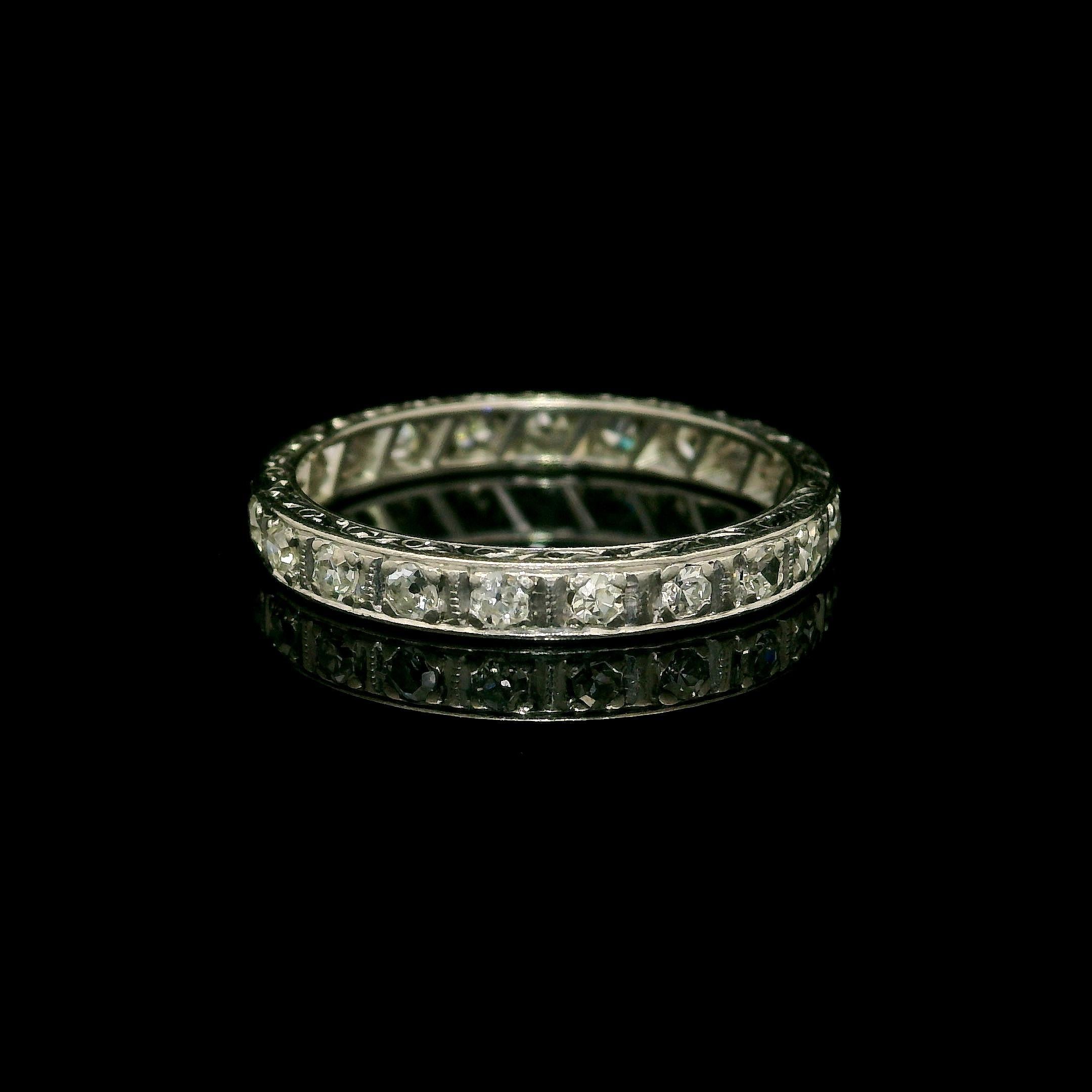Antique Edwardian Platinum 0.40ctw Old Diamond Engraved Eternity Band Ring For Sale 1