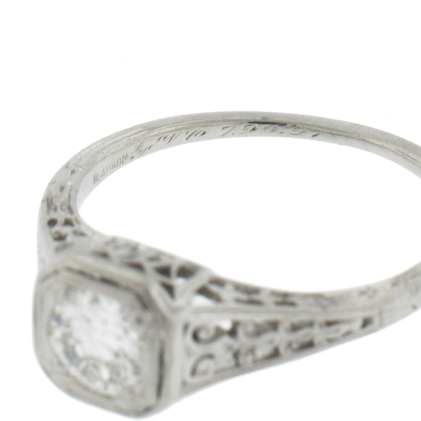 Antique Edwardian Platinum 0.47ct Old European Diamond Filigree Engagement Ring For Sale 5