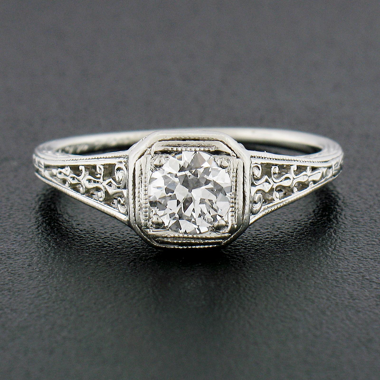 Old European Cut Antique Edwardian Platinum 0.47ct Old European Diamond Filigree Engagement Ring For Sale