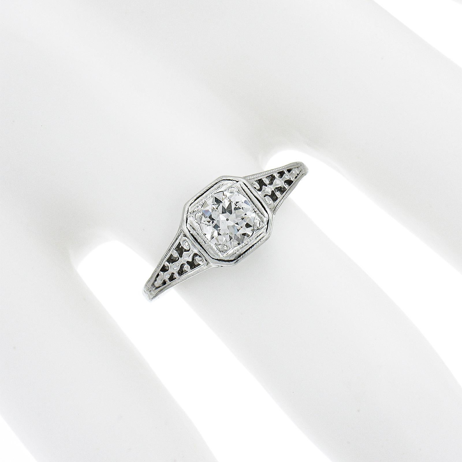 Antique Edwardian Platinum 0.47ct Old European Diamond Filigree Engagement Ring In Excellent Condition For Sale In Montclair, NJ