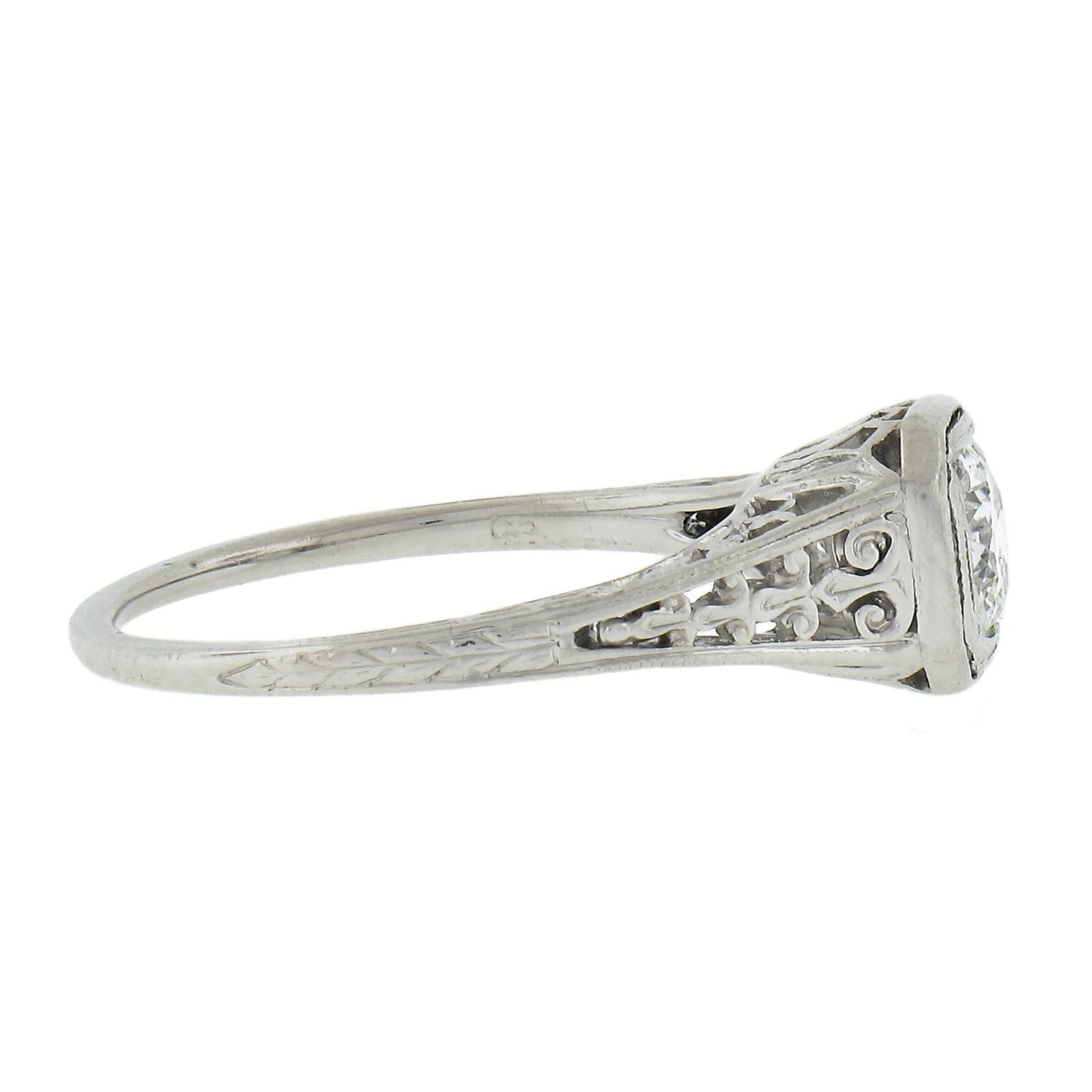 Women's Antique Edwardian Platinum 0.47ct Old European Diamond Filigree Engagement Ring For Sale