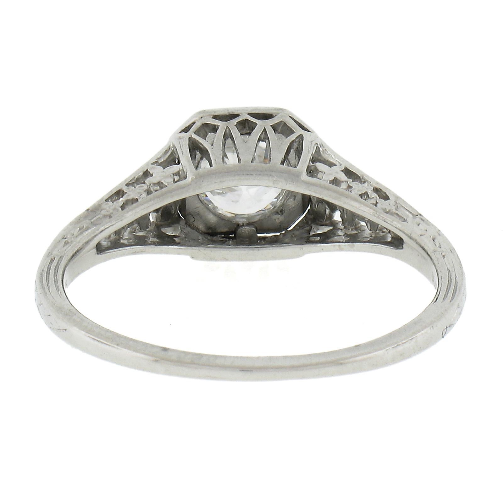 Antique Edwardian Platinum 0.47ct Old European Diamond Filigree Engagement Ring For Sale 2