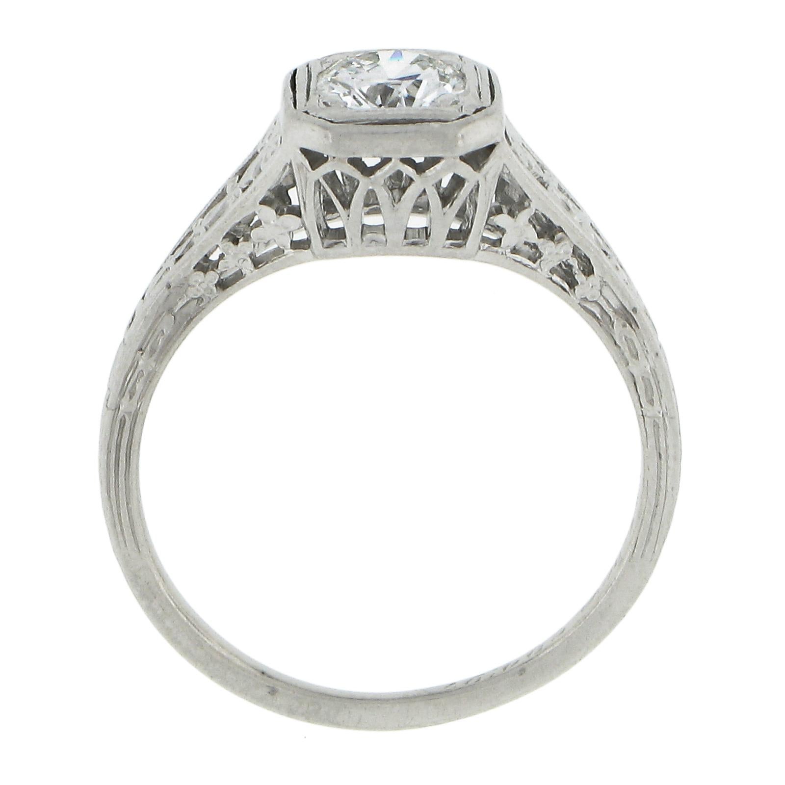 Antique Edwardian Platinum 0.47ct Old European Diamond Filigree Engagement Ring For Sale 3