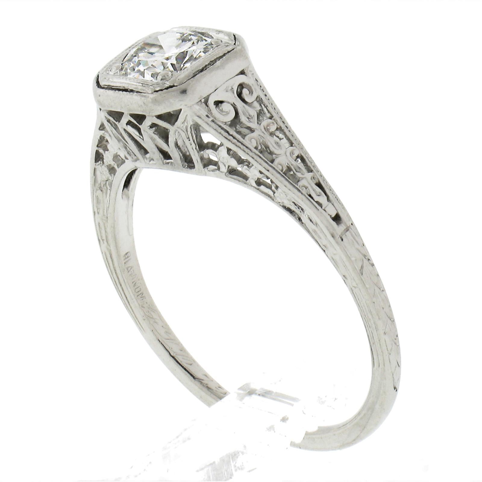 Antique Edwardian Platinum 0.47ct Old European Diamond Filigree Engagement Ring For Sale 4