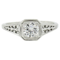 Antique Edwardian Platinum 0.47ct Old European Diamond Filigree Engagement Ring