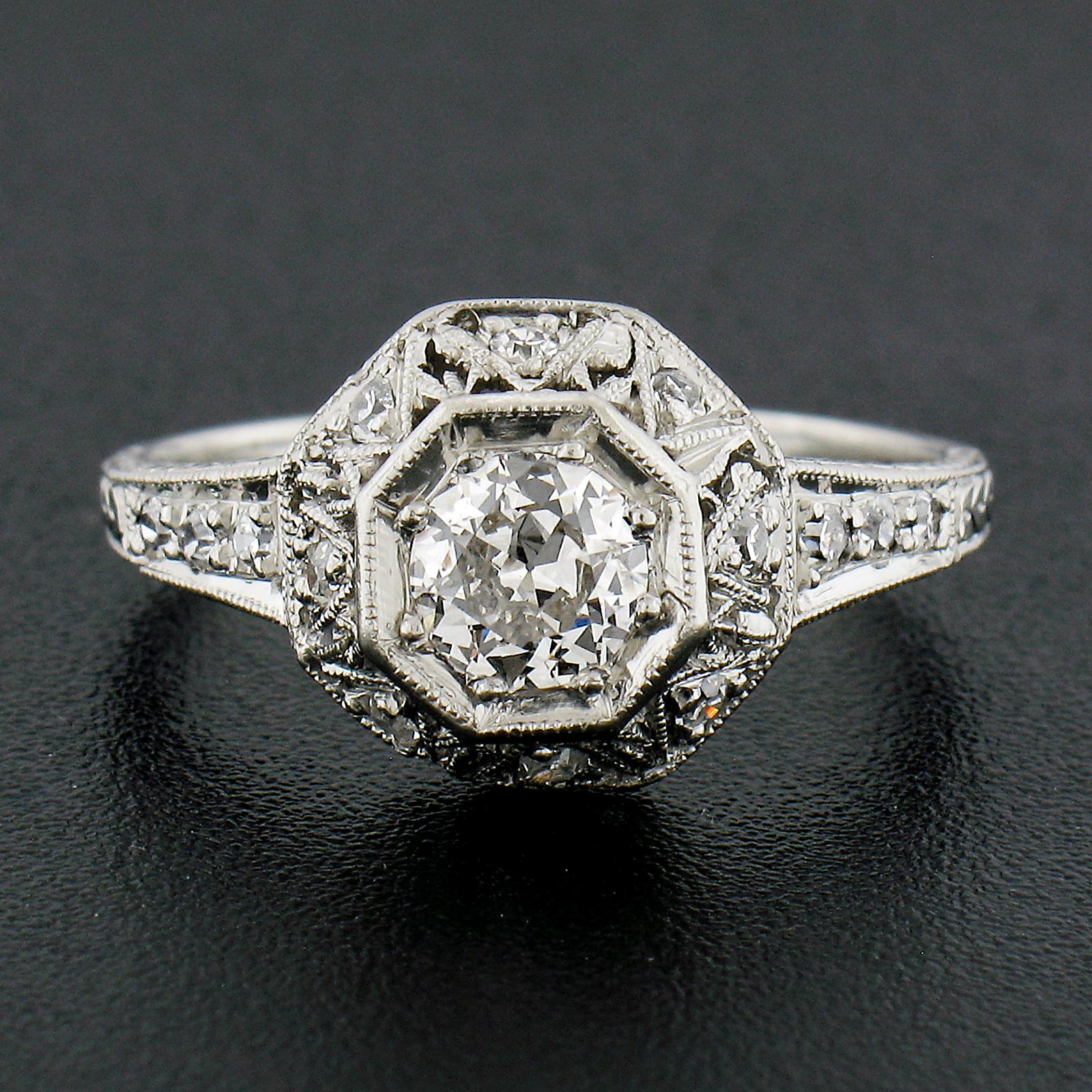 Old European Cut Antique Edwardian Platinum 0.61ctw Diamond Octagonal Milgrain Engagement Ring For Sale