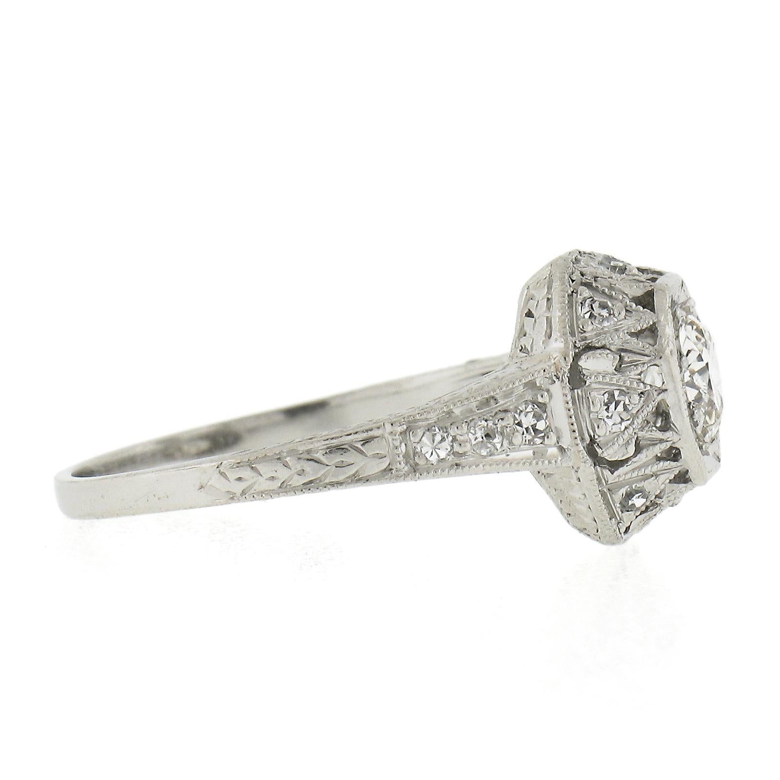 Women's Antique Edwardian Platinum 0.61ctw Diamond Octagonal Milgrain Engagement Ring For Sale