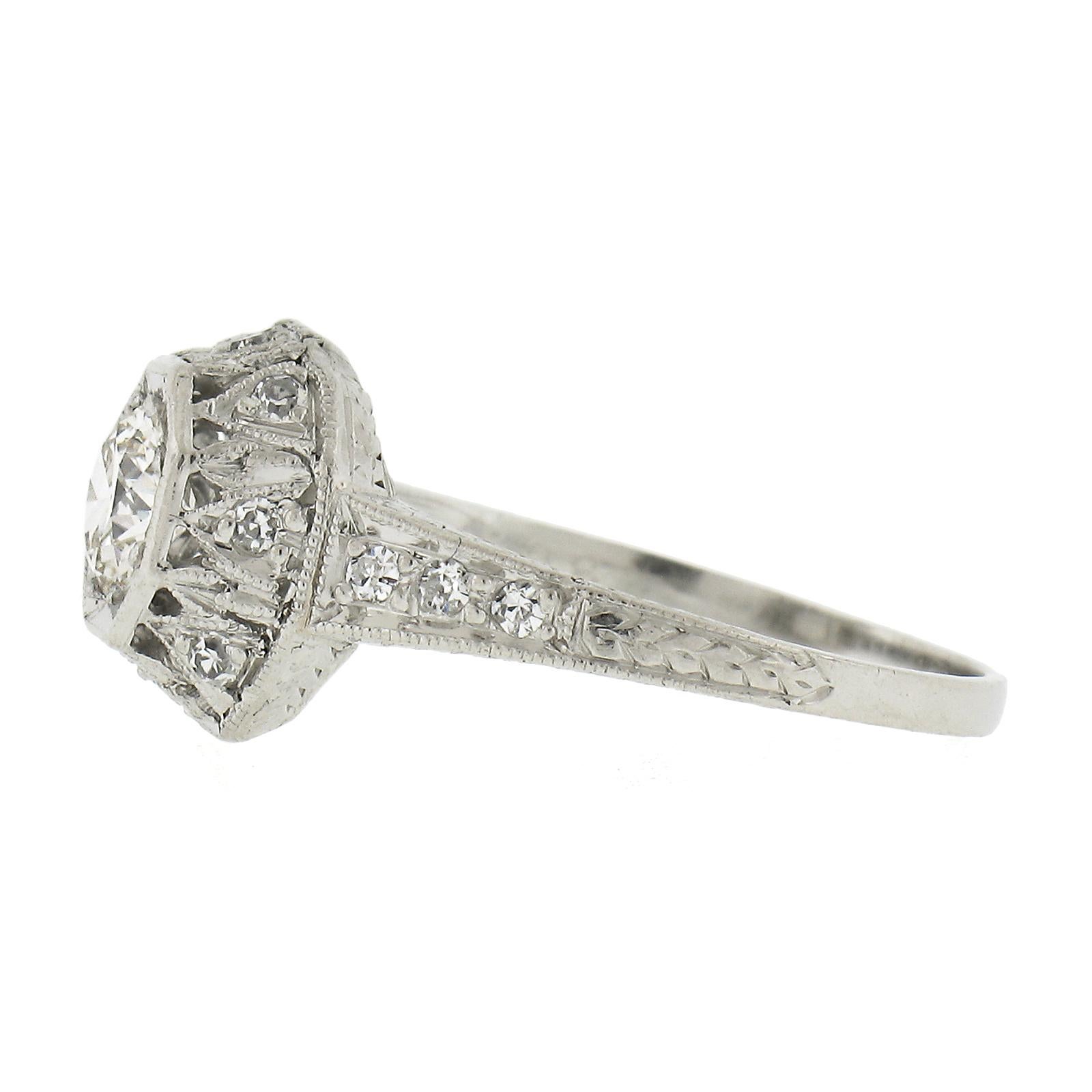 Antique Edwardian Platinum 0.61ctw Diamond Octagonal Milgrain Engagement Ring For Sale 1