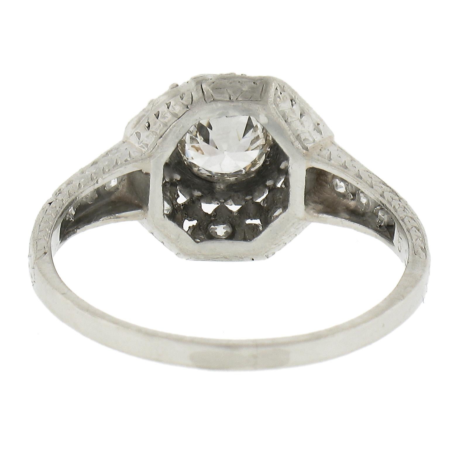 Antique Edwardian Platinum 0.61ctw Diamond Octagonal Milgrain Engagement Ring For Sale 2