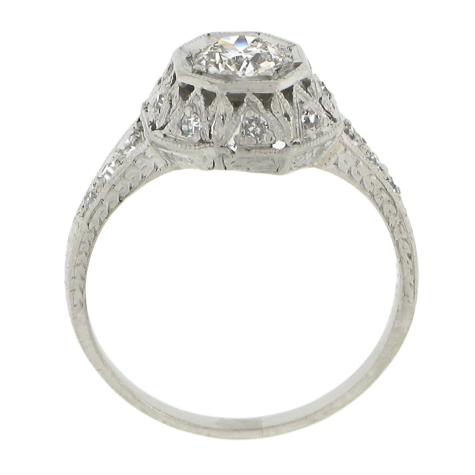 Antique Edwardian Platinum 0.61ctw Diamond Octagonal Milgrain Engagement Ring For Sale 3