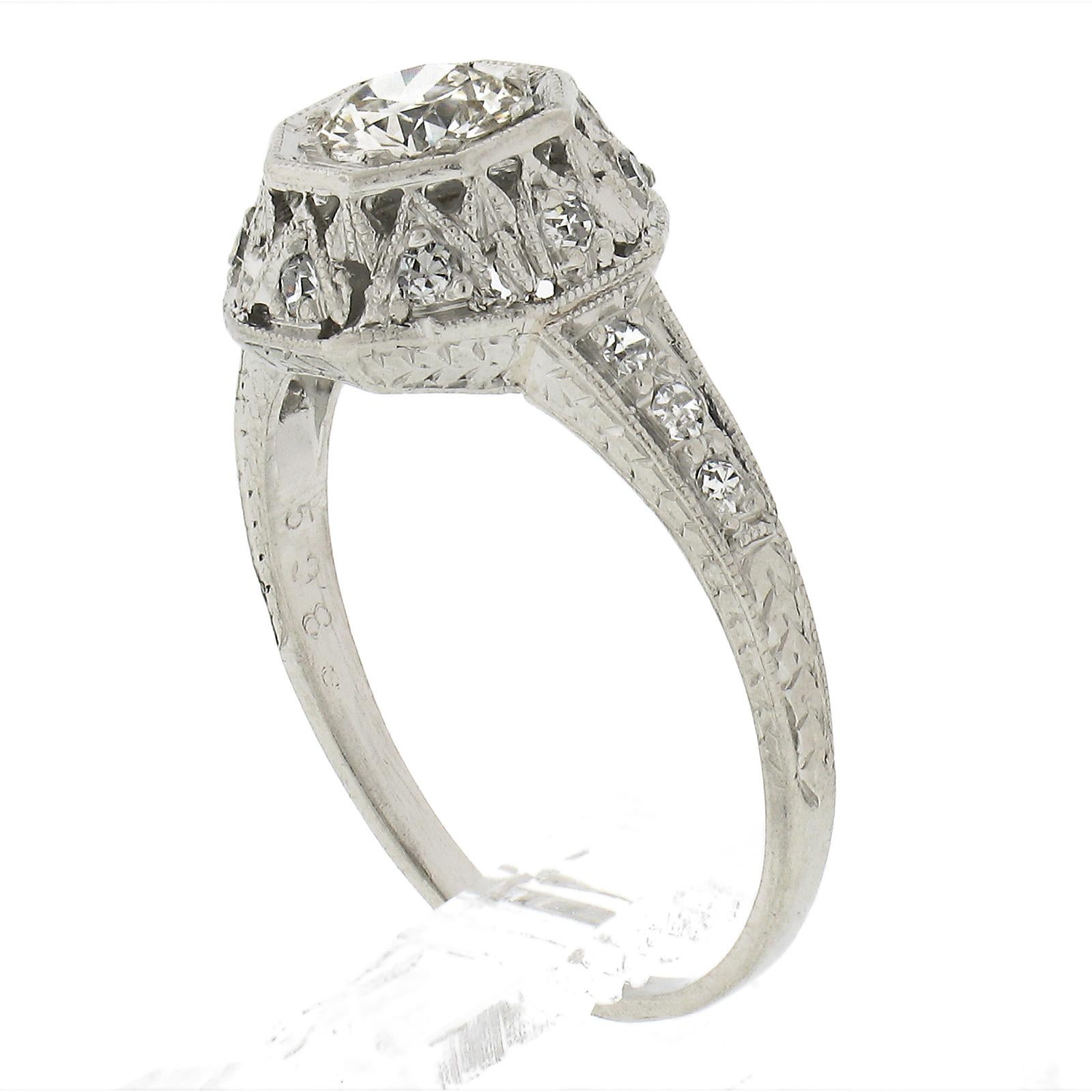 Antique Edwardian Platinum 0.61ctw Diamond Octagonal Milgrain Engagement Ring For Sale 4