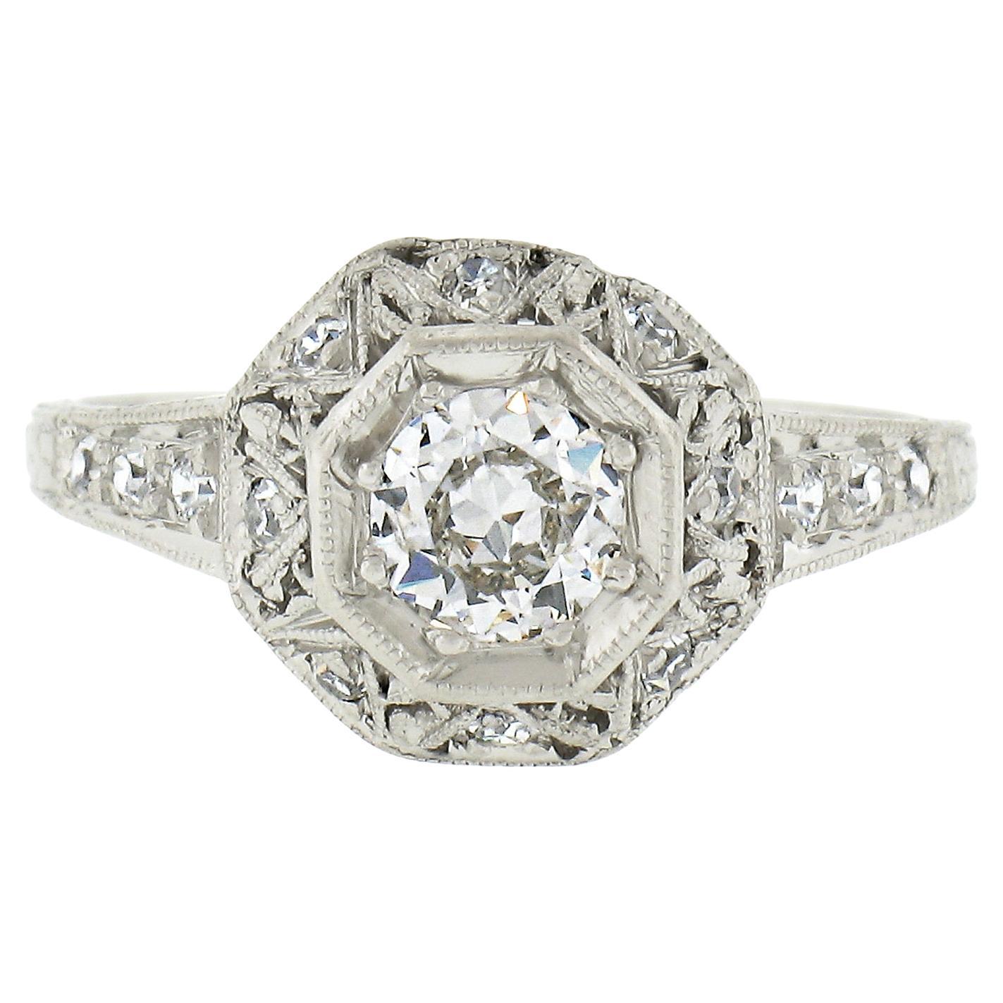Antique Edwardian Platinum 0.61ctw Diamond Octagonal Milgrain Engagement Ring For Sale