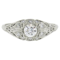 Antique Edwardian Platinum 0.65ctw Old Cut Diamond Milgrain Engagement Ring