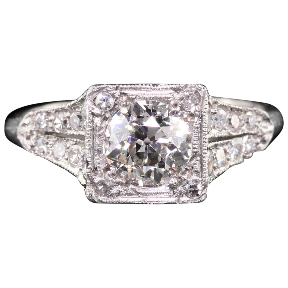 Antique Edwardian Platinum 0.80 Carat Old European Cut Diamond Ring, GIA