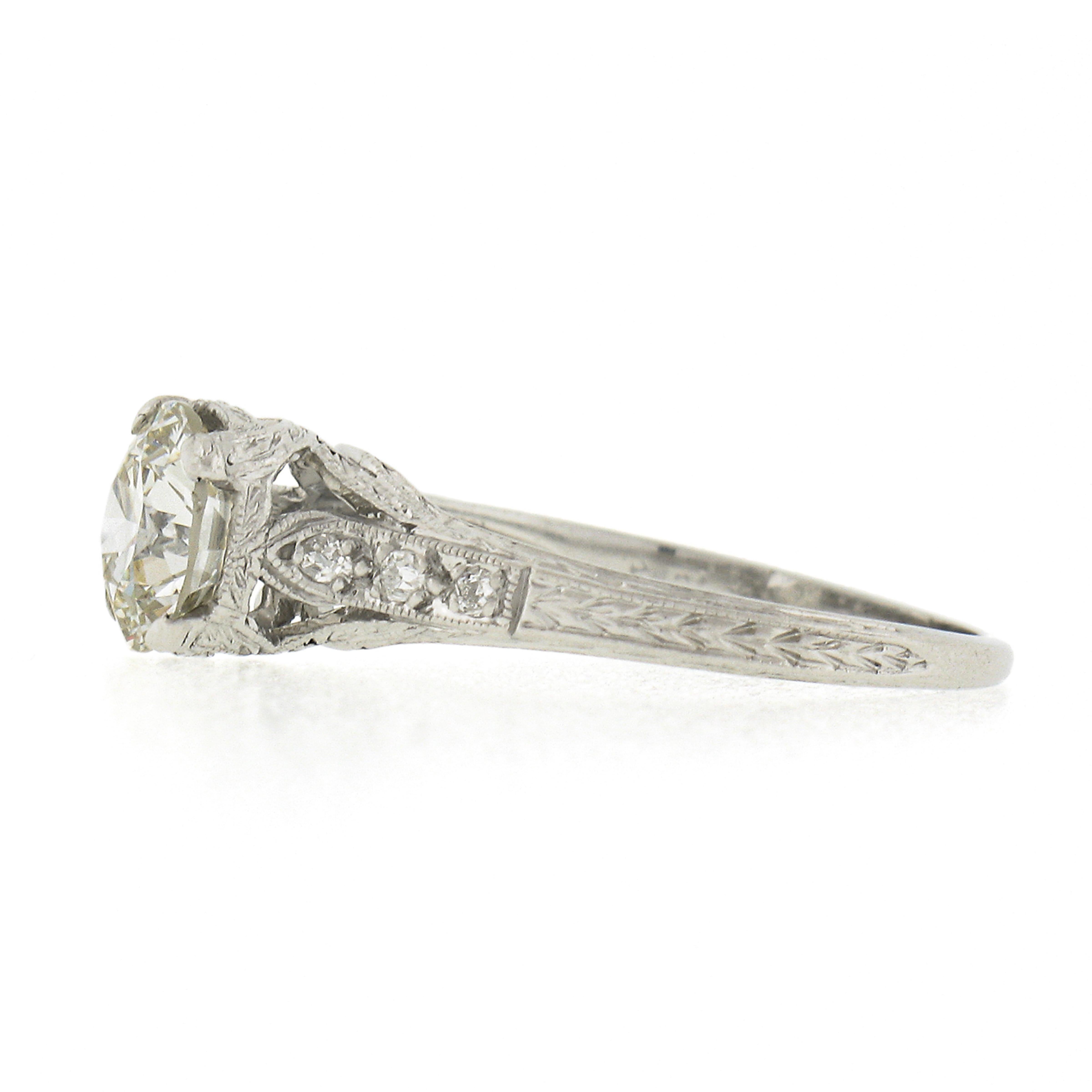 Antique Edwardian Platinum 1.02ctw Old European Diamond Engraved Engagement Ring 1