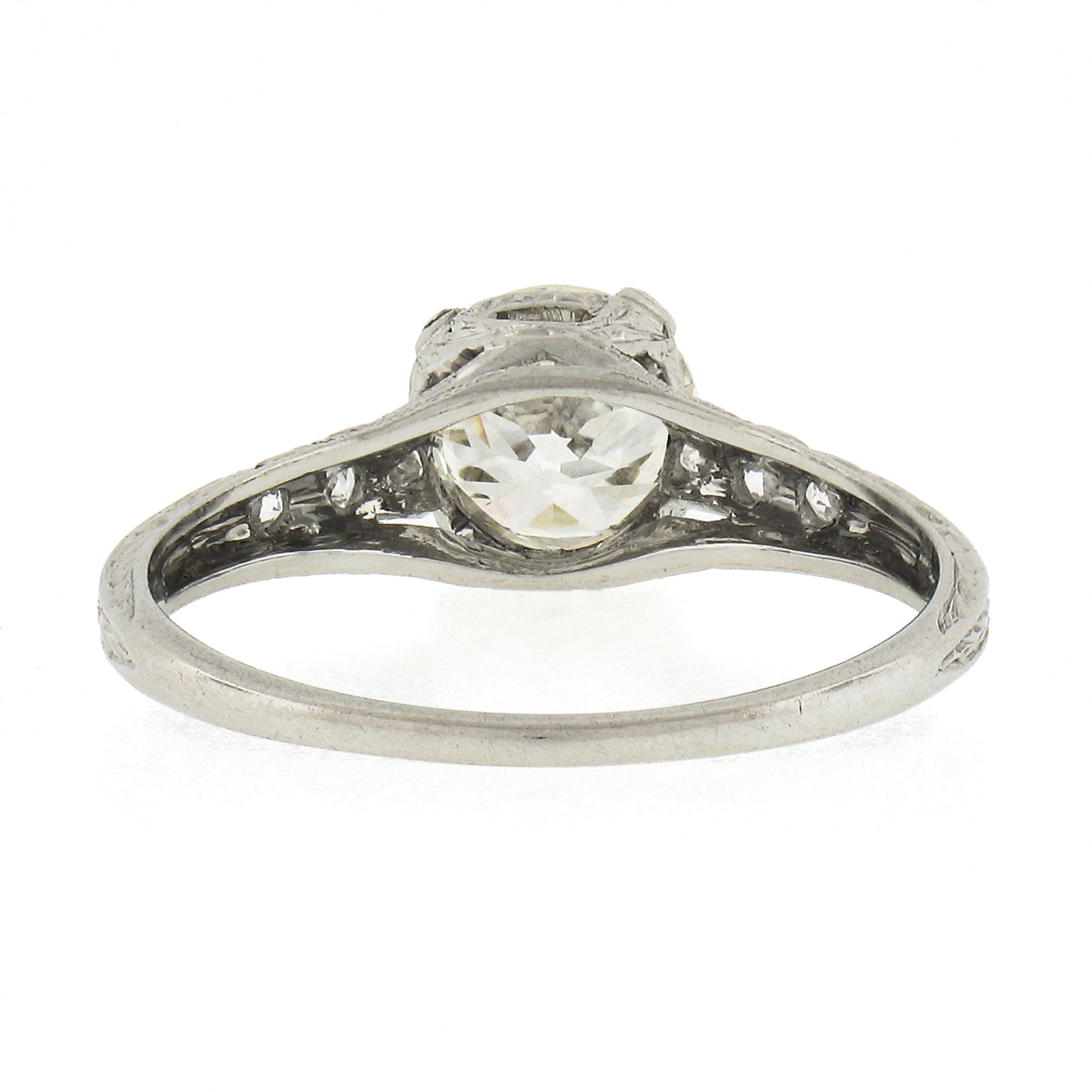 Antique Edwardian Platinum 1.02ctw Old European Diamond Engraved Engagement Ring 2
