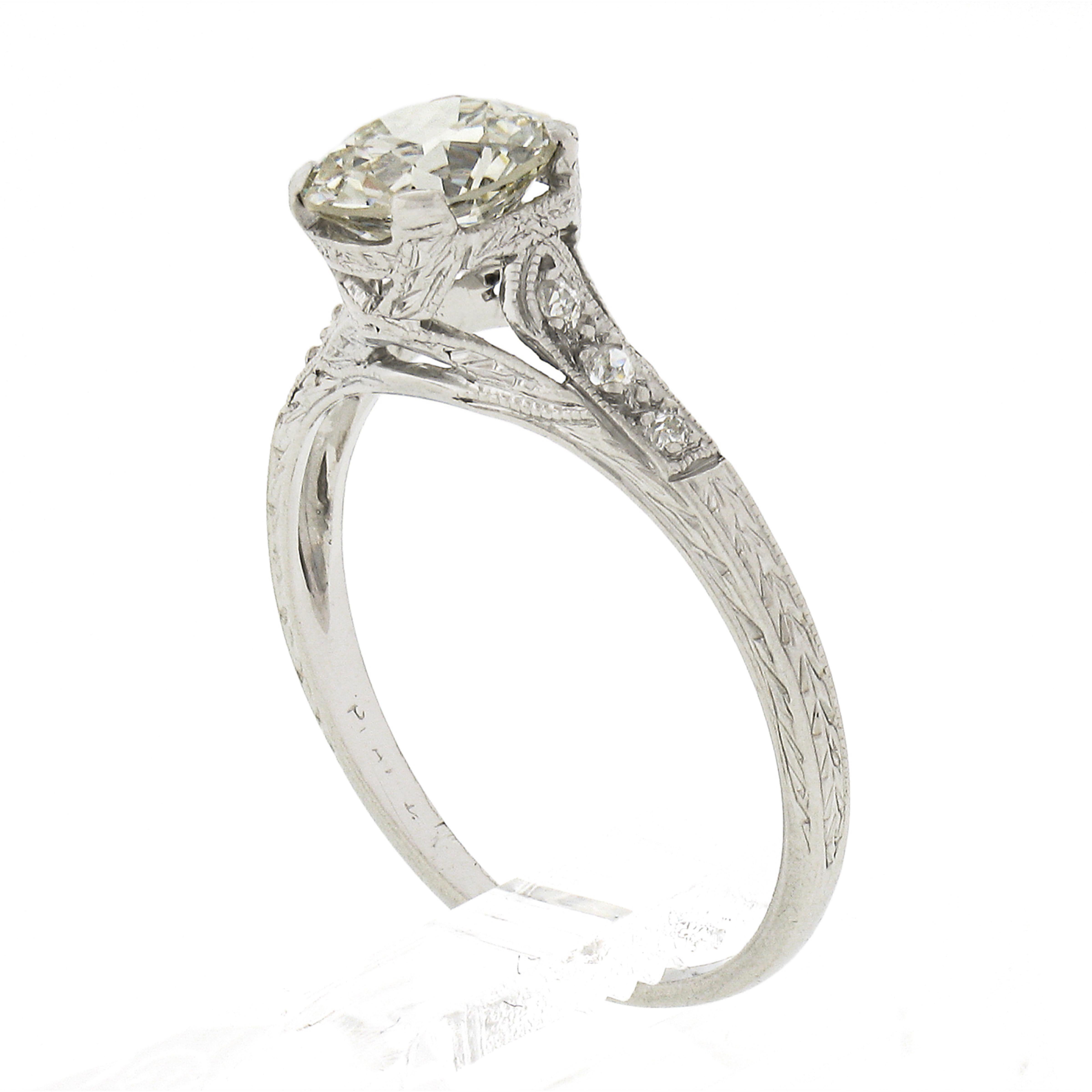 Antique Edwardian Platinum 1.02ctw Old European Diamond Engraved Engagement Ring 3