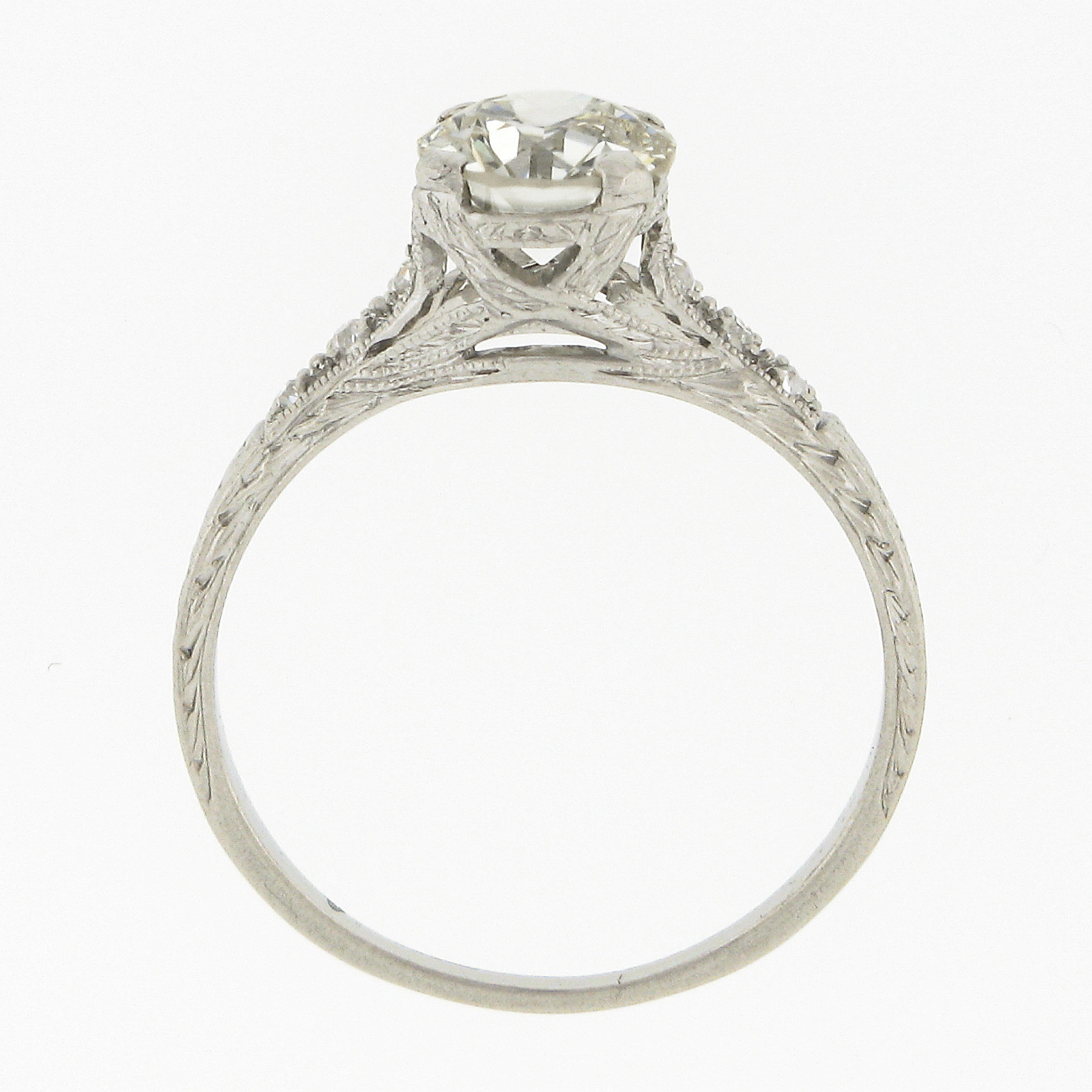 Antique Edwardian Platinum 1.02ctw Old European Diamond Engraved Engagement Ring 4