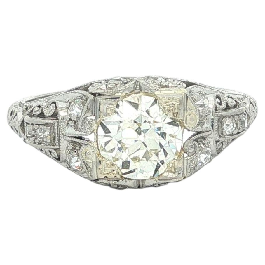 Antique Edwardian Platinum 1.07ctw GIA Old Diamond Buckle Style Engagement Ring