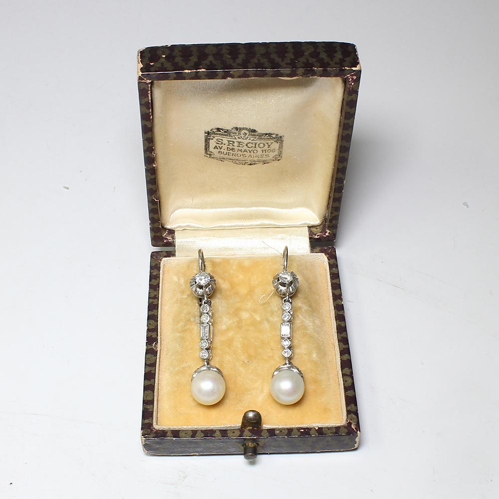 Old Mine Cut Antique Edwardian Platinum 1.1 Carat Diamond and Pearl Earrings