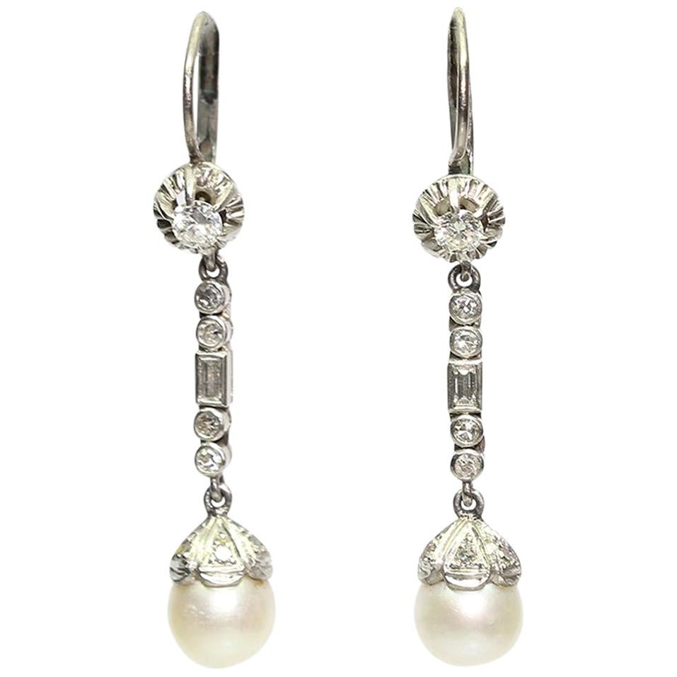Antique Edwardian Platinum 1.1 Carat Diamond and Pearl Earrings