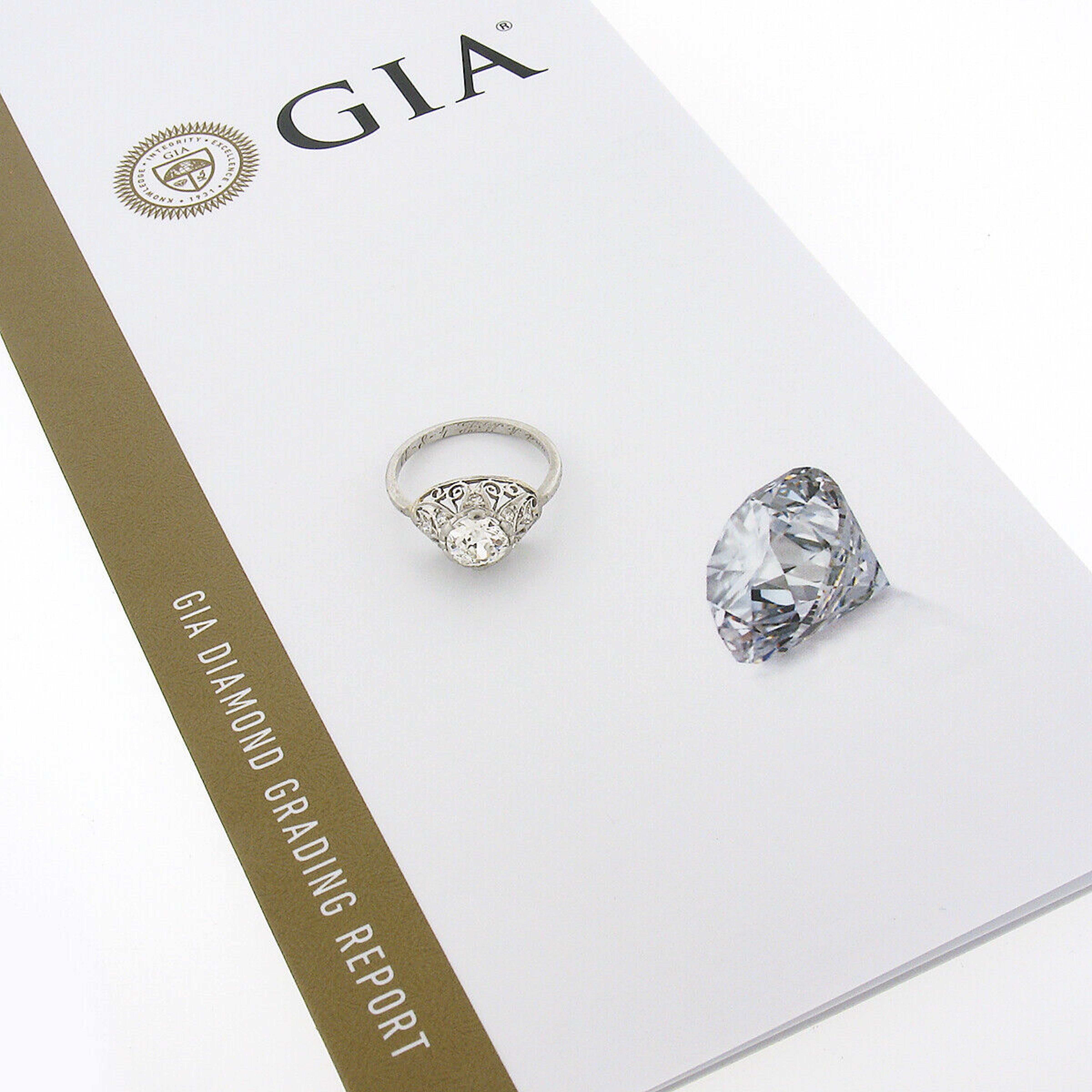 Anello di fidanzamento antico edoardiano in platino con diamante europeo GIA da 1,26 carati in filigrana in vendita 5