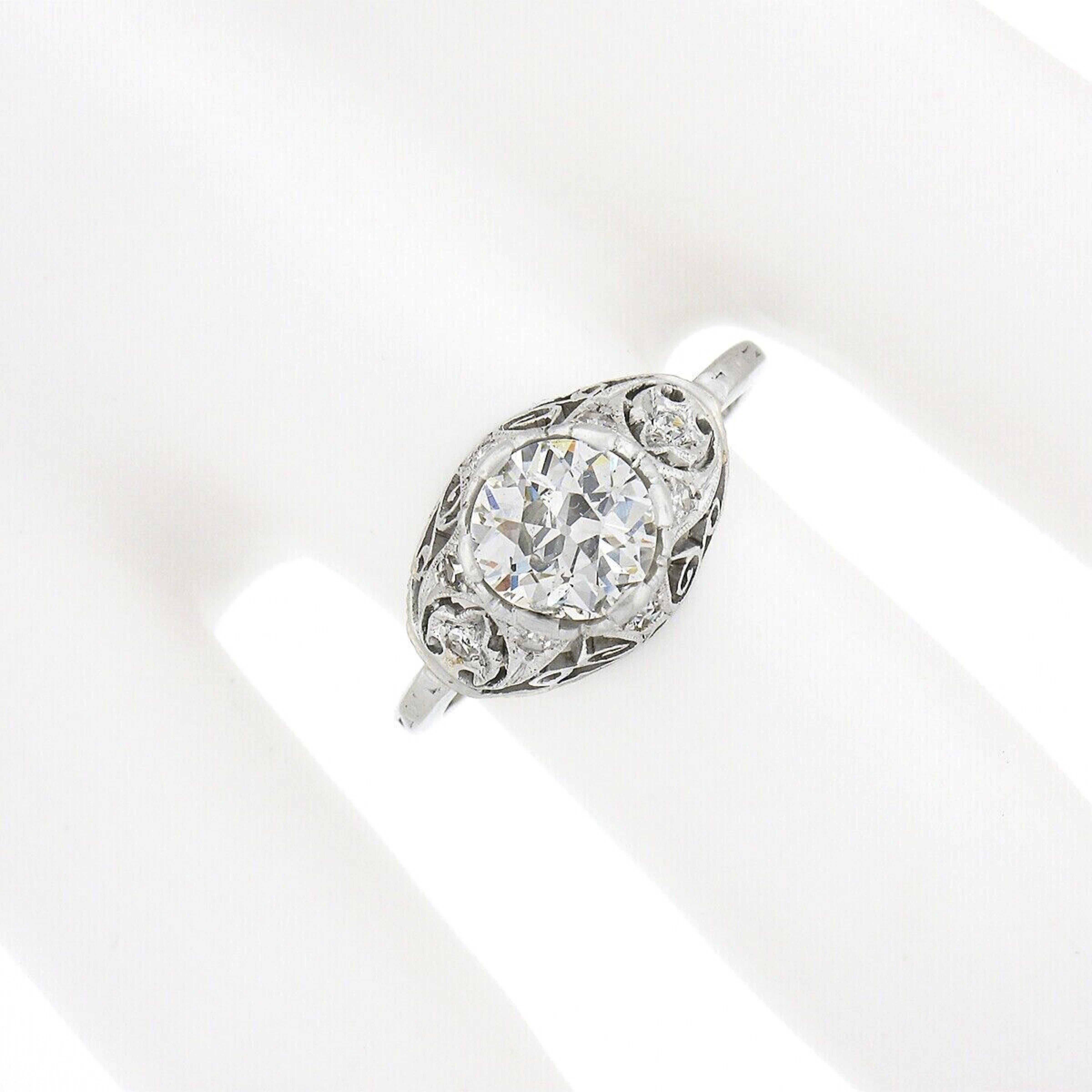 Edoardiano Anello di fidanzamento antico edoardiano in platino con diamante europeo GIA da 1,26 carati in filigrana in vendita