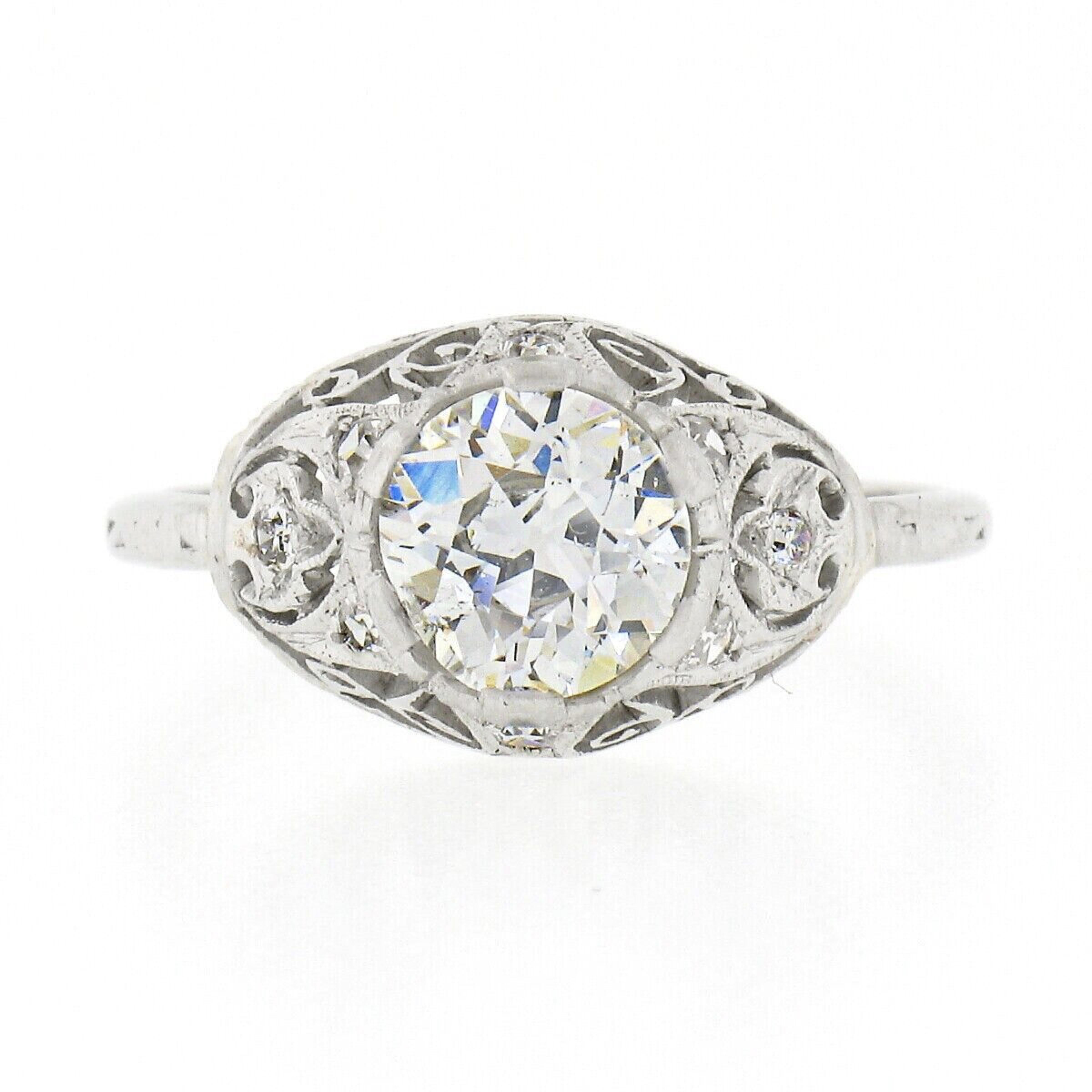Taglio antico europeo Anello di fidanzamento antico edoardiano in platino con diamante europeo GIA da 1,26 carati in filigrana in vendita