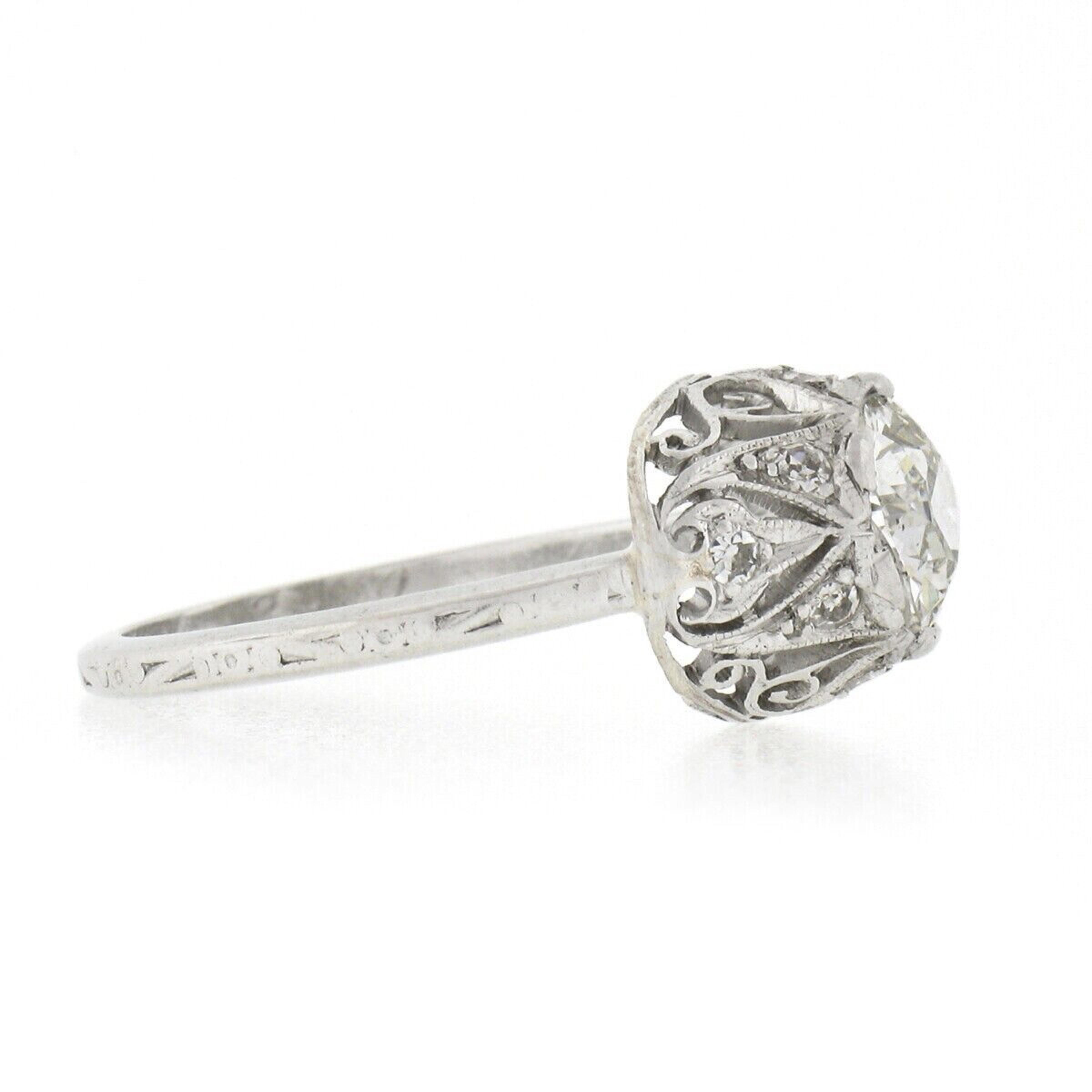 Anello di fidanzamento antico edoardiano in platino con diamante europeo GIA da 1,26 carati in filigrana In condizioni buone in vendita a Montclair, NJ