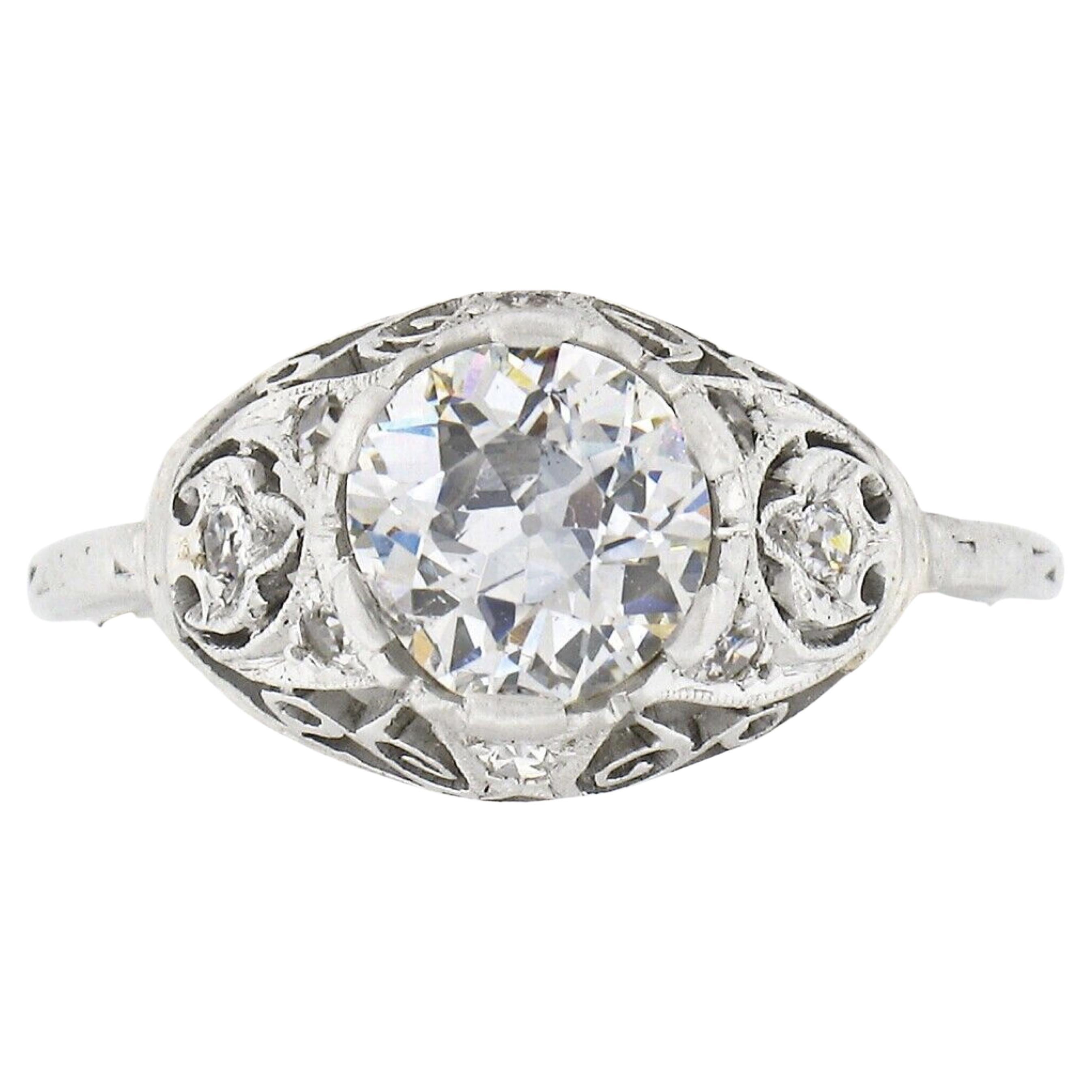 Antiker antiker edwardianischer filigraner Verlobungsring, Platin 1,26 Karat GIA europäischer Diamant