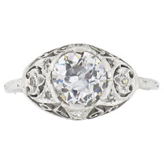 Antique Edwardian Platinum 1.26ctw GIA European Diamond Filigree Engagement Ring