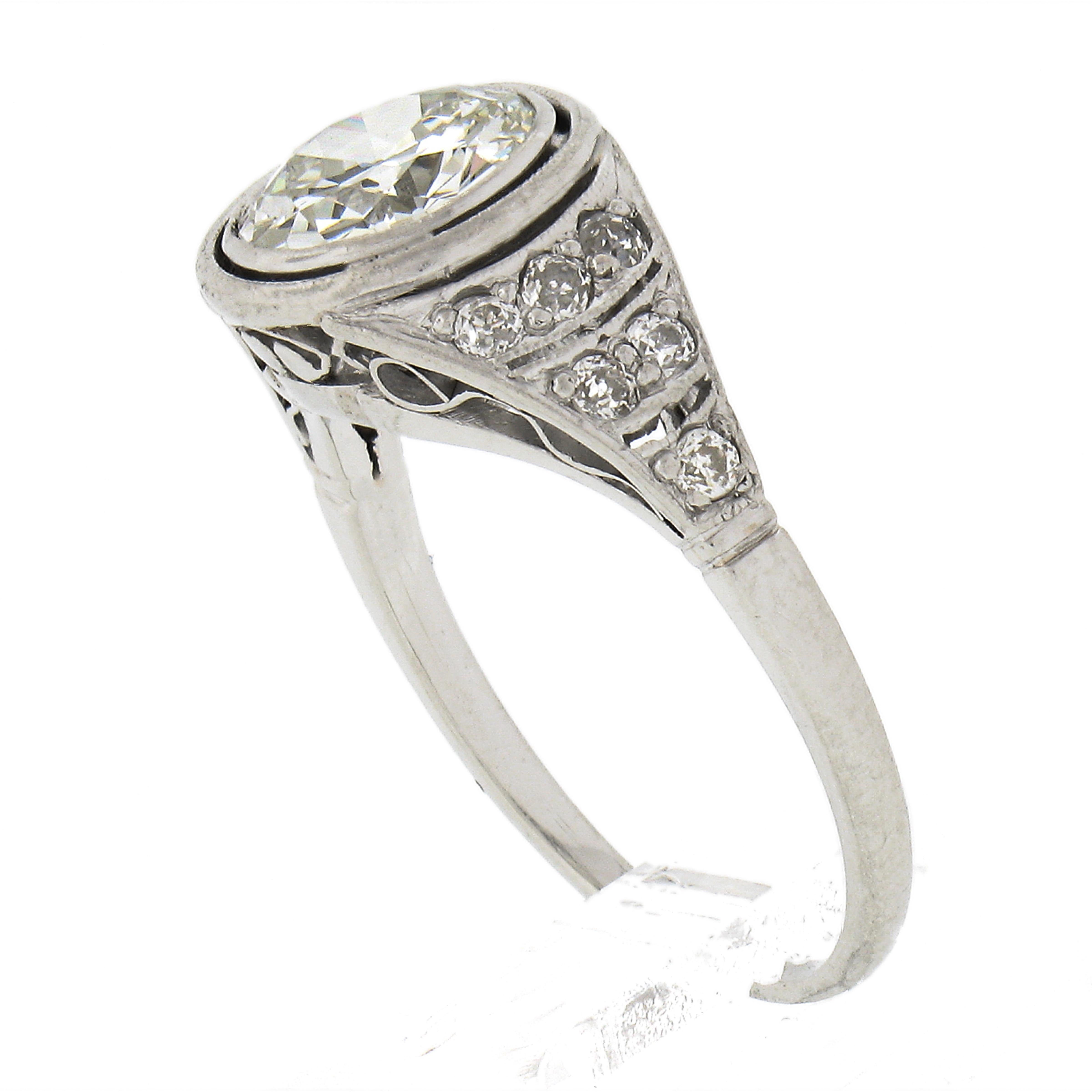 Antique Edwardian Platinum 1.48ctw Old European Diamond Bezel Engagement Ring 4