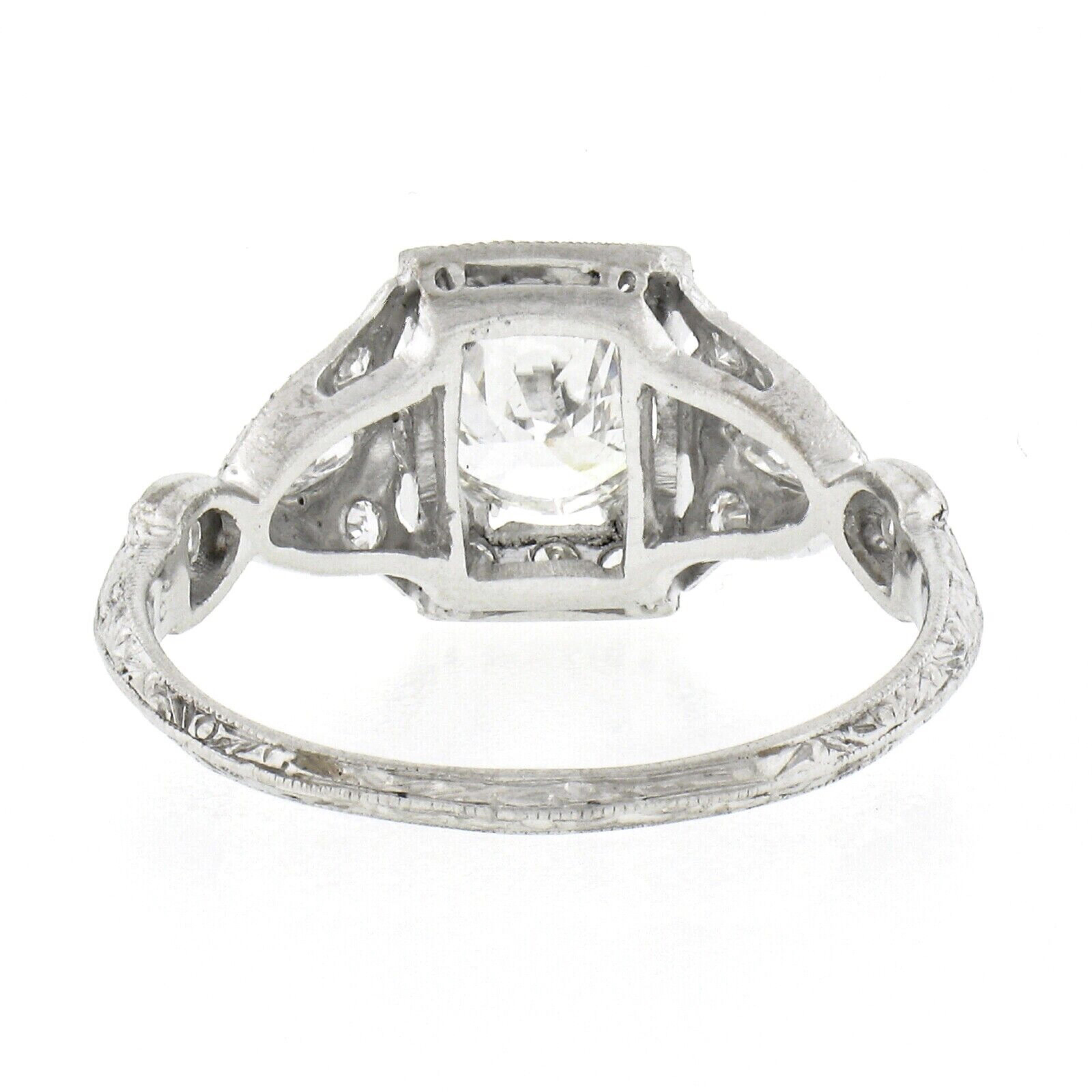 Antique Edwardian Platinum 1.49ct GIA European Diamond Tulip Sides Engraved Ring In Good Condition For Sale In Montclair, NJ