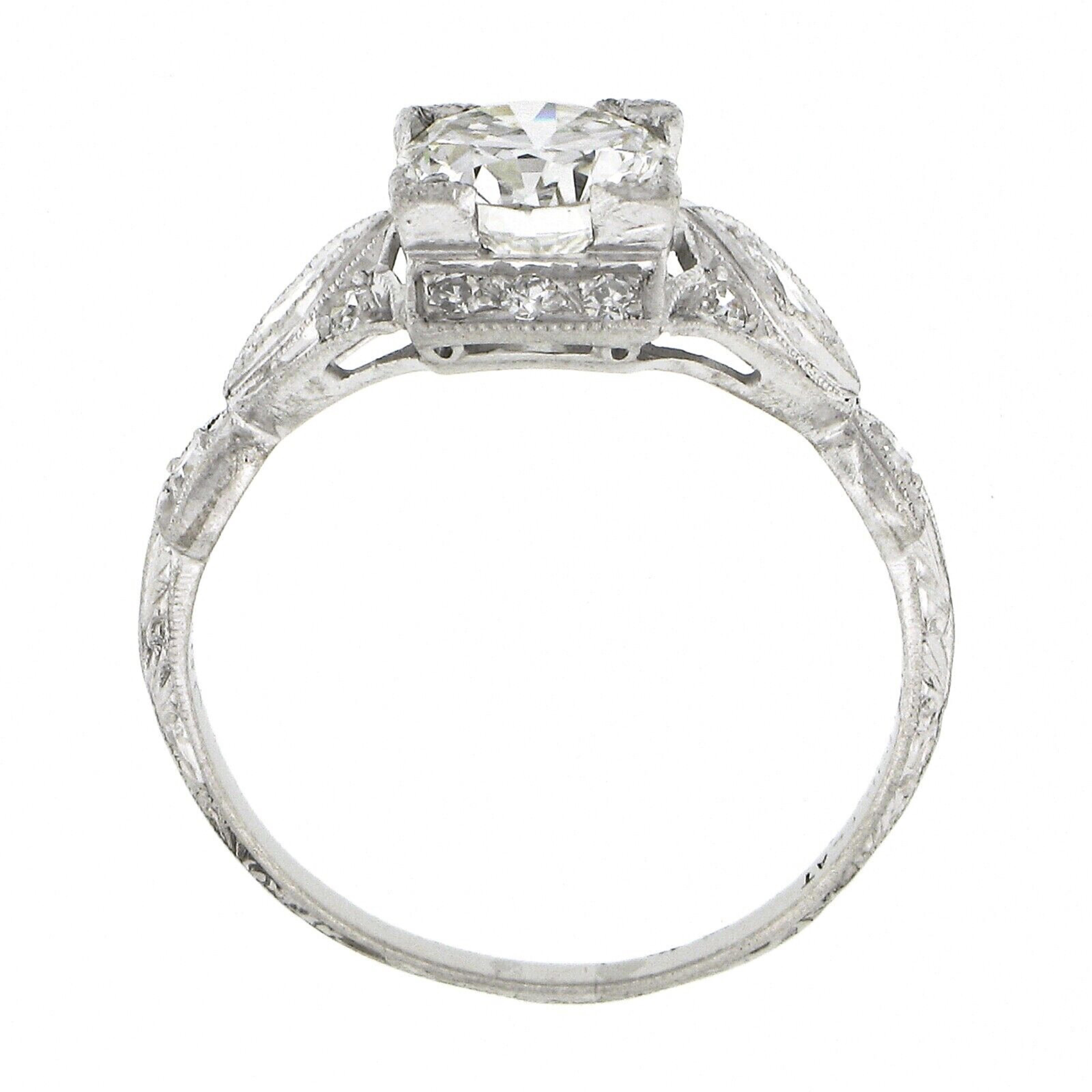 Women's Antique Edwardian Platinum 1.49ct GIA European Diamond Tulip Sides Engraved Ring For Sale