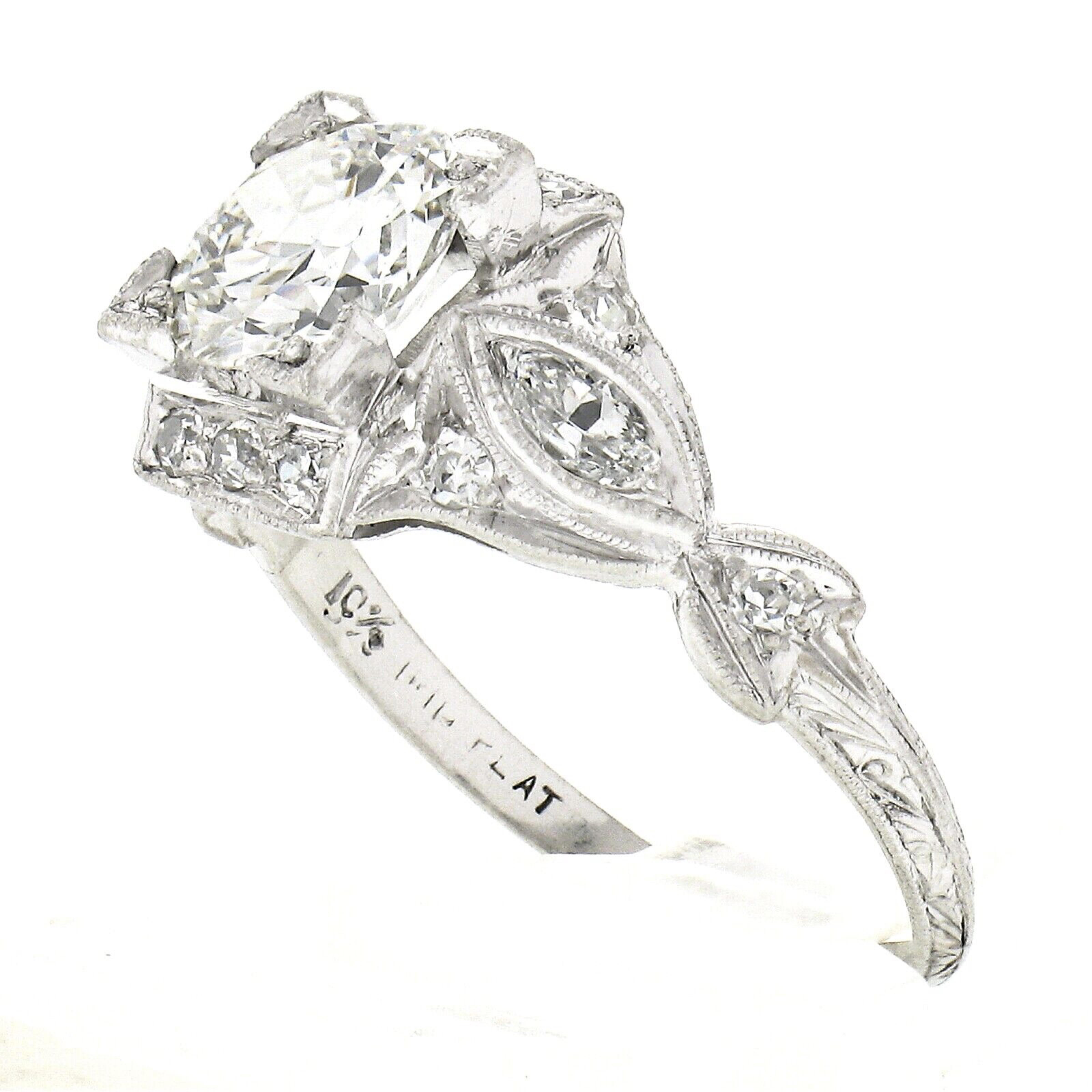 Antique Edwardian Platinum 1.49ct GIA European Diamond Tulip Sides Engraved Ring For Sale 1