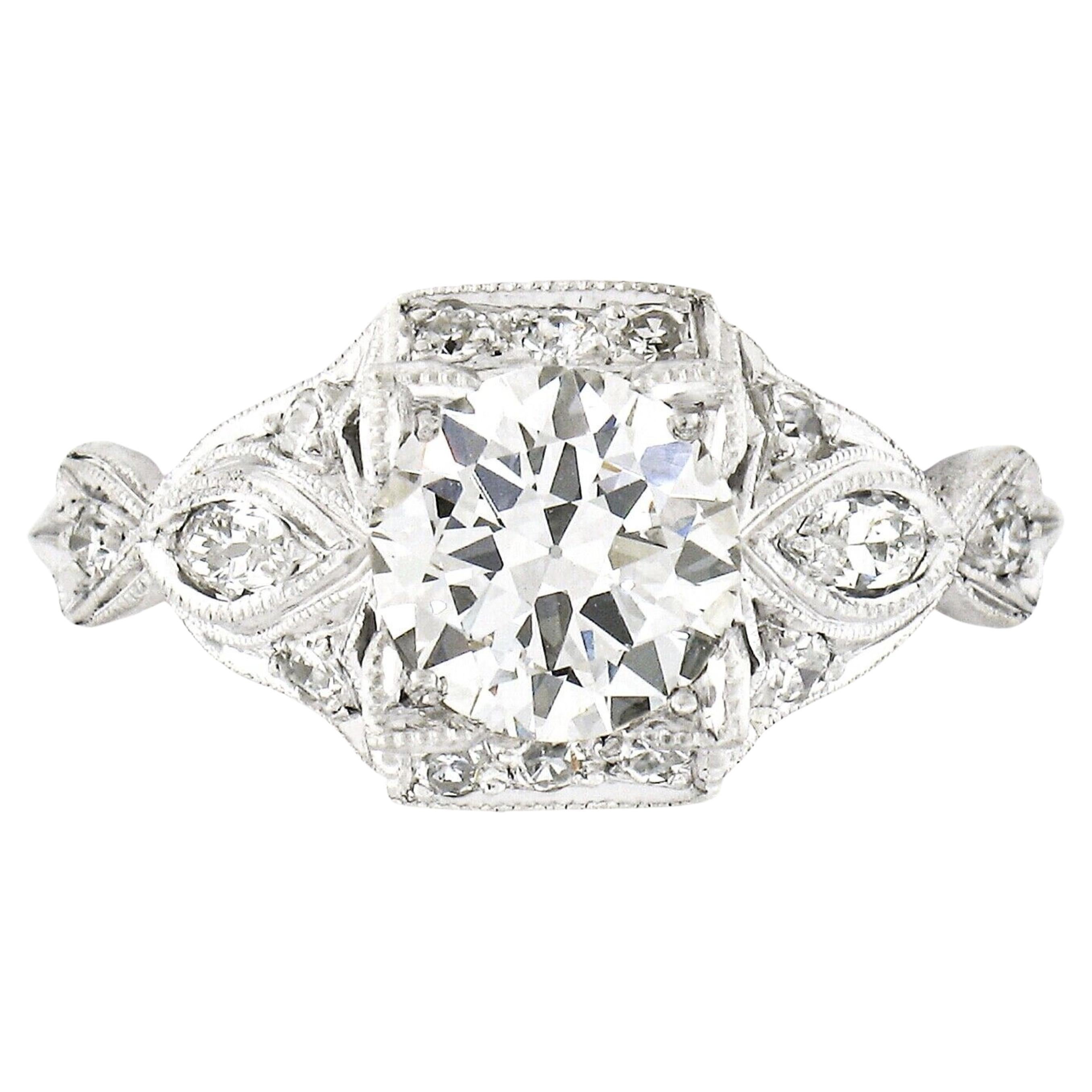 Antique Edwardian Platinum 1.49ct GIA European Diamond Tulip Sides Engraved Ring For Sale