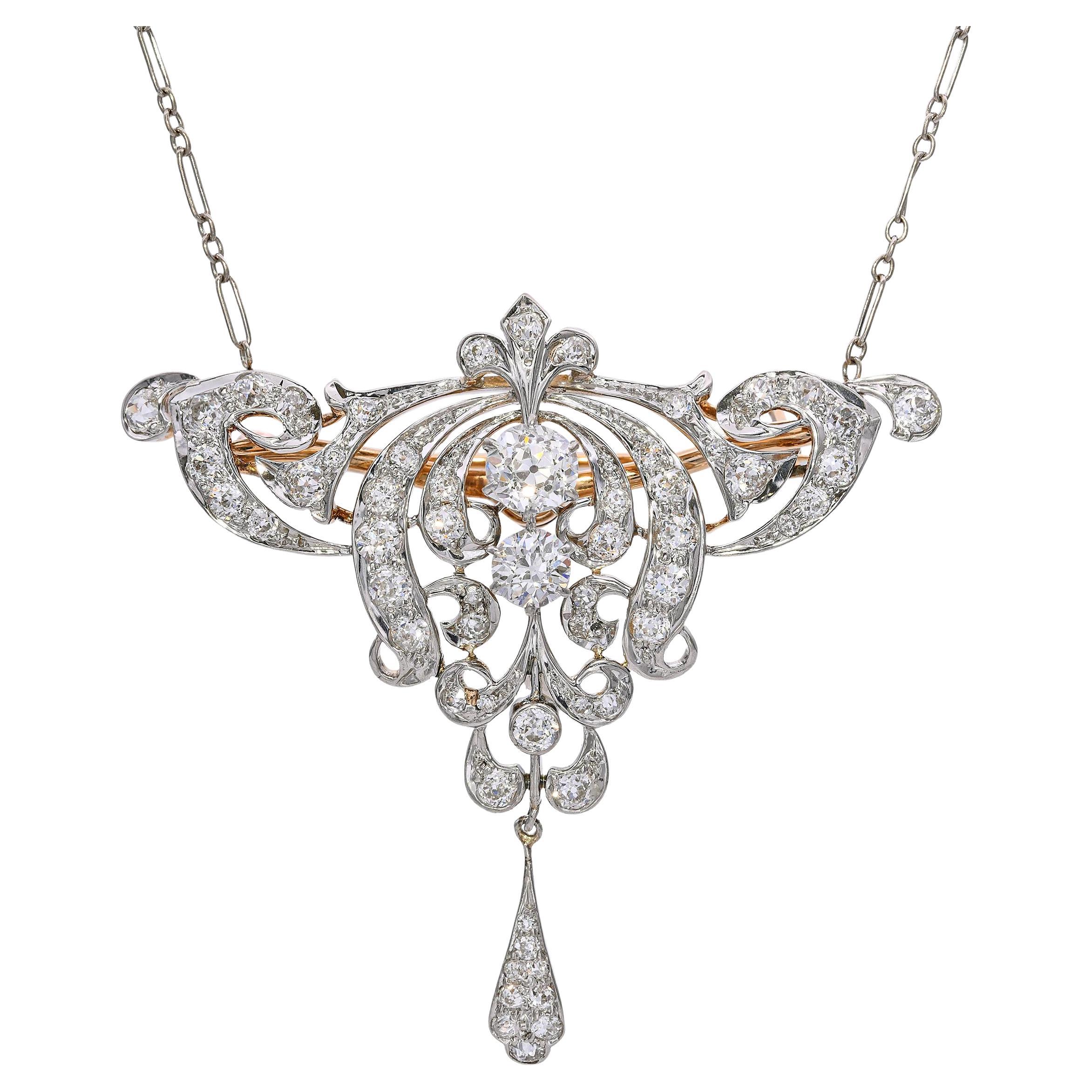 Antique Edwardian Platinum 
14k Gold 1.98tcw Diamond Lavalier Necklace For Sale