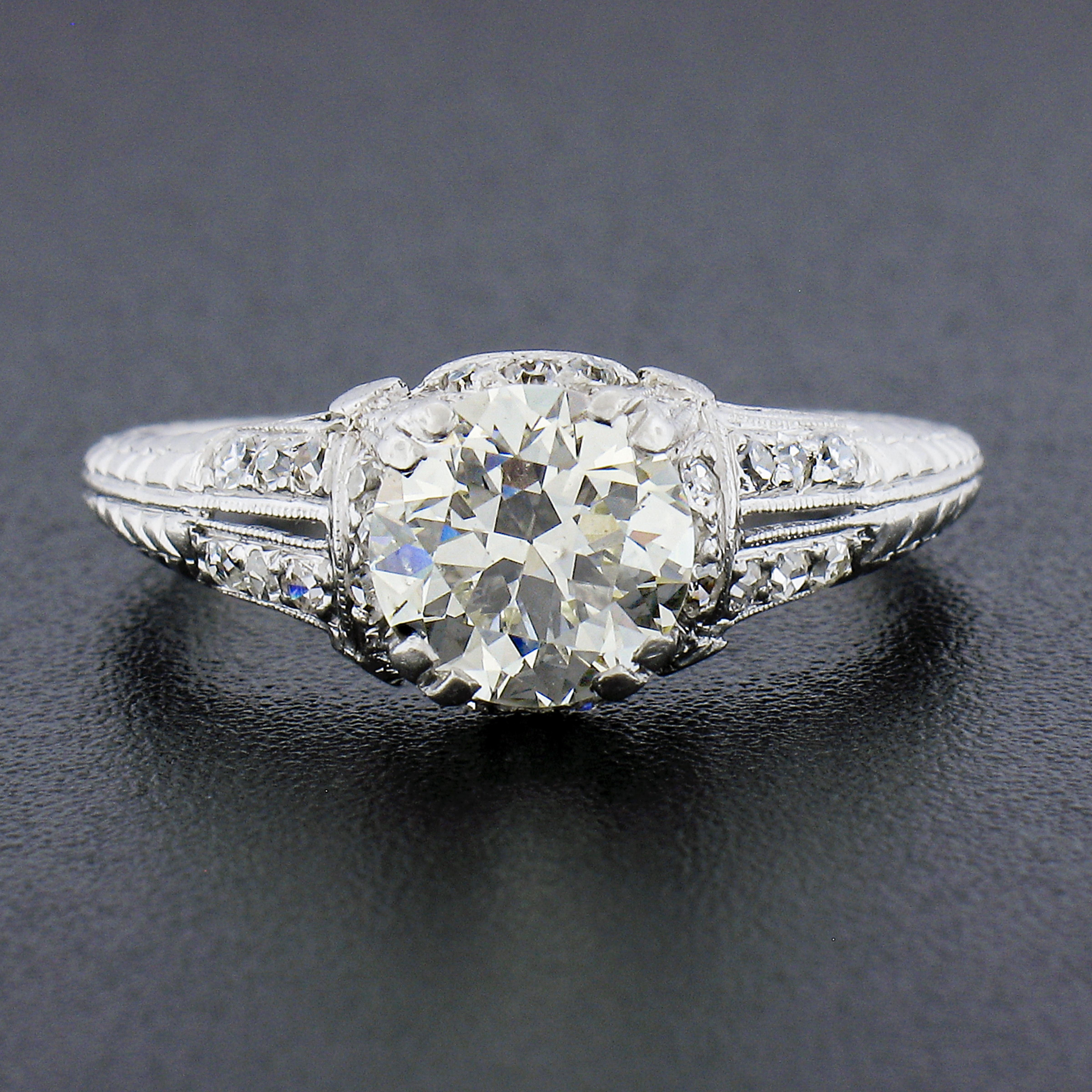 Old European Cut Antique Edwardian Platinum 1.56ctw Old Cut Diamond Textured Work Engagement Ring For Sale