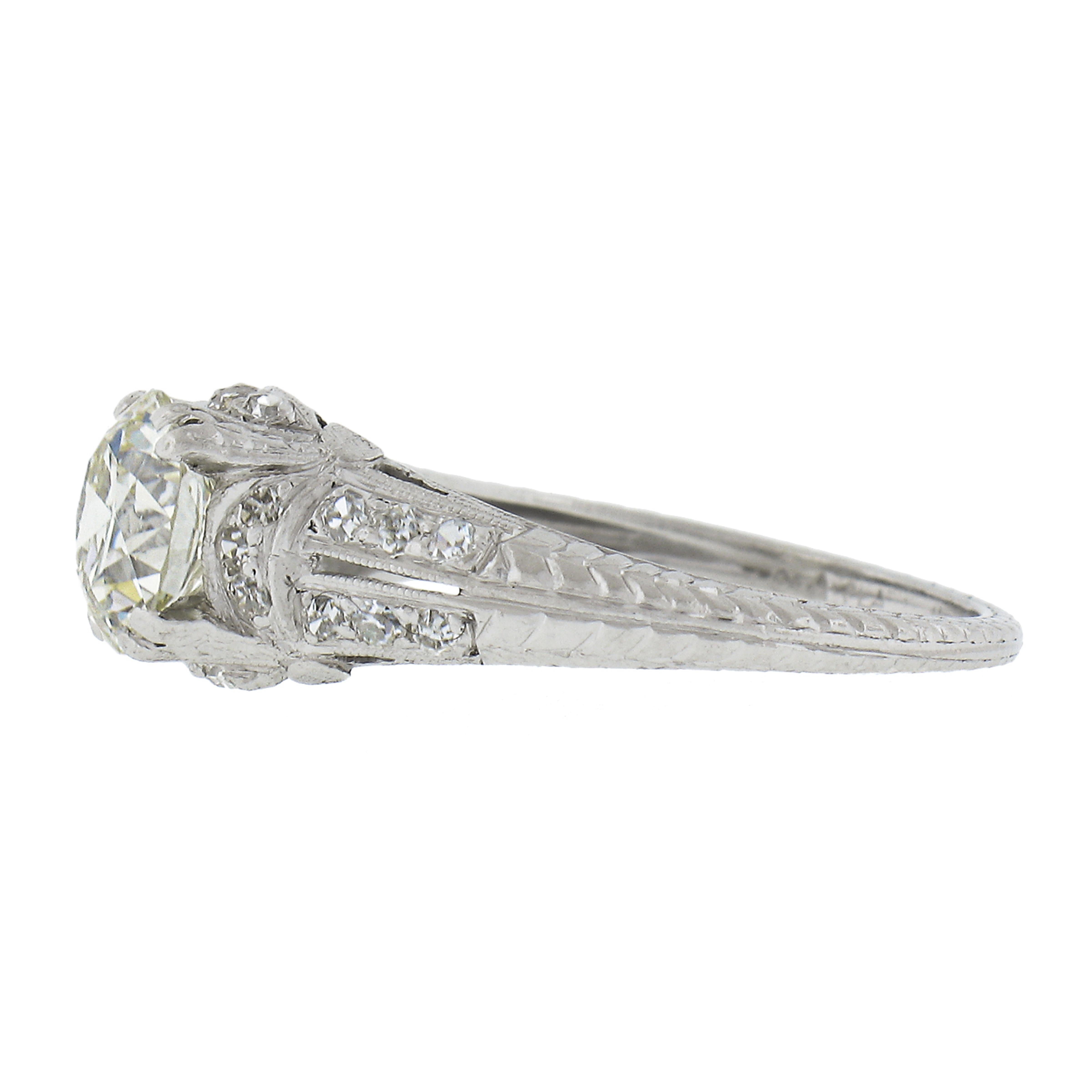 Antique Edwardian Platinum 1.56ctw Old Cut Diamond Textured Work Engagement Ring For Sale 1