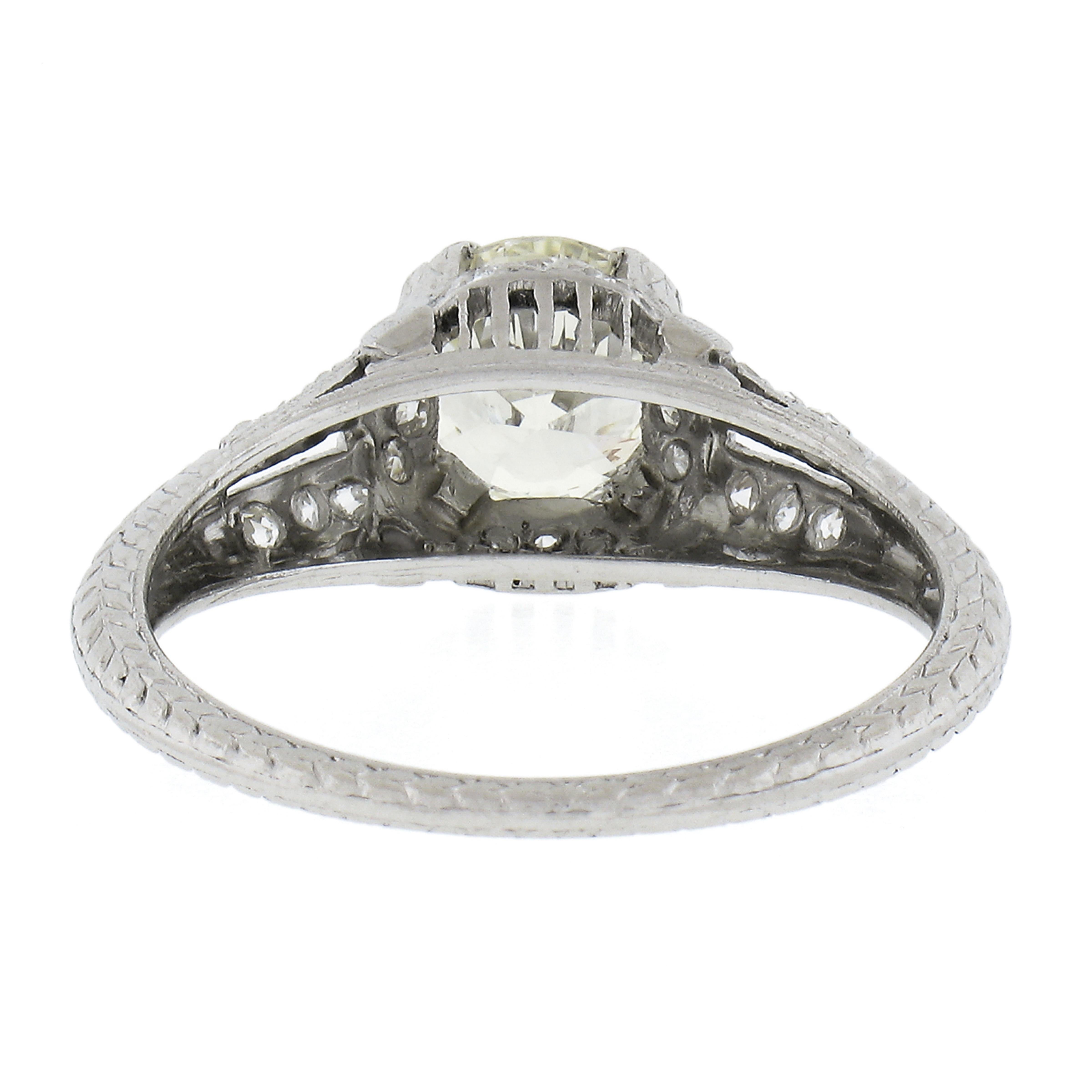 Antique Edwardian Platinum 1.56ctw Old Cut Diamond Textured Work Engagement Ring For Sale 2