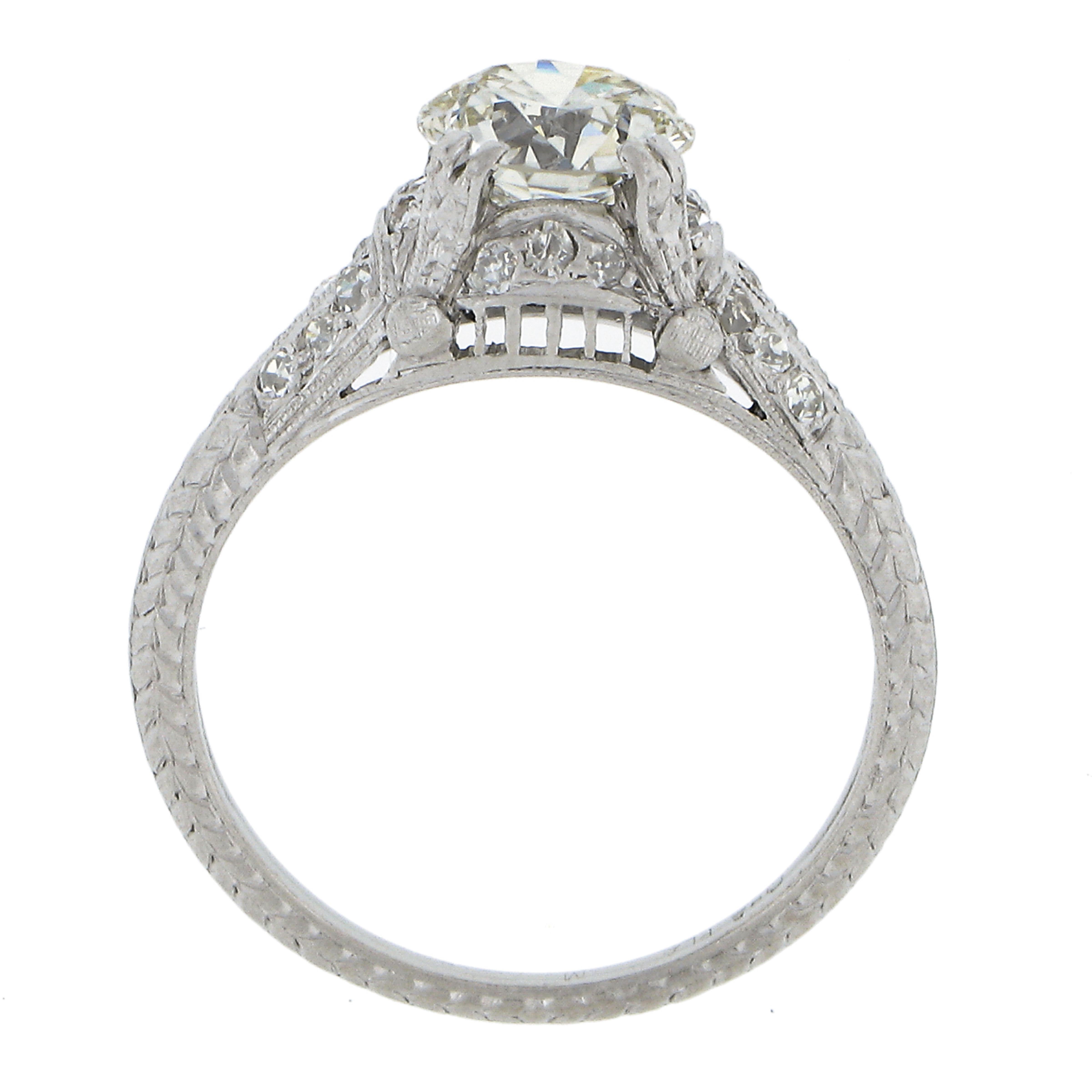 Antique Edwardian Platinum 1.56ctw Old Cut Diamond Textured Work Engagement Ring For Sale 3