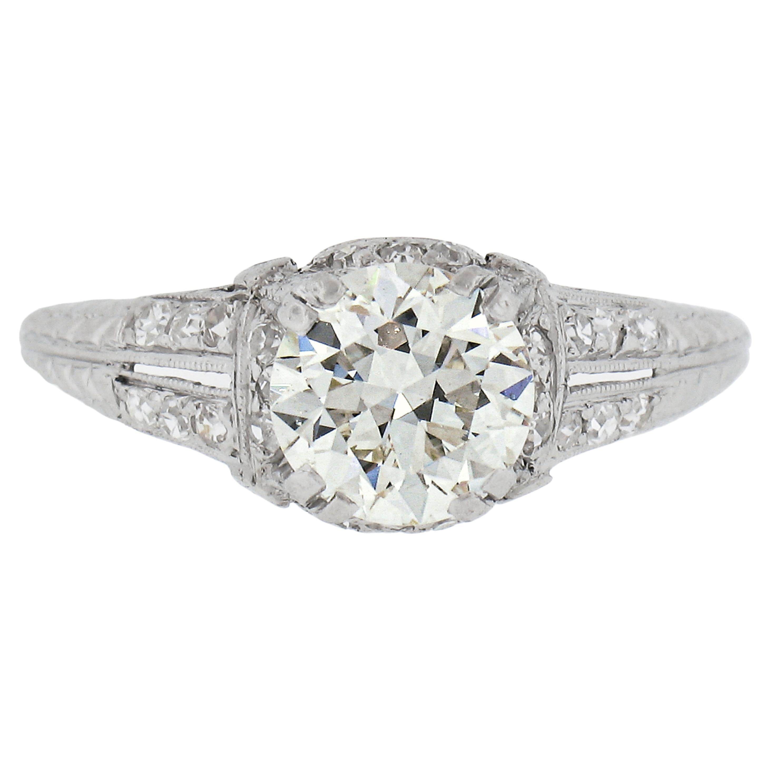 Antique Edwardian Platinum 1.56ctw Old Cut Diamond Textured Work Engagement Ring For Sale
