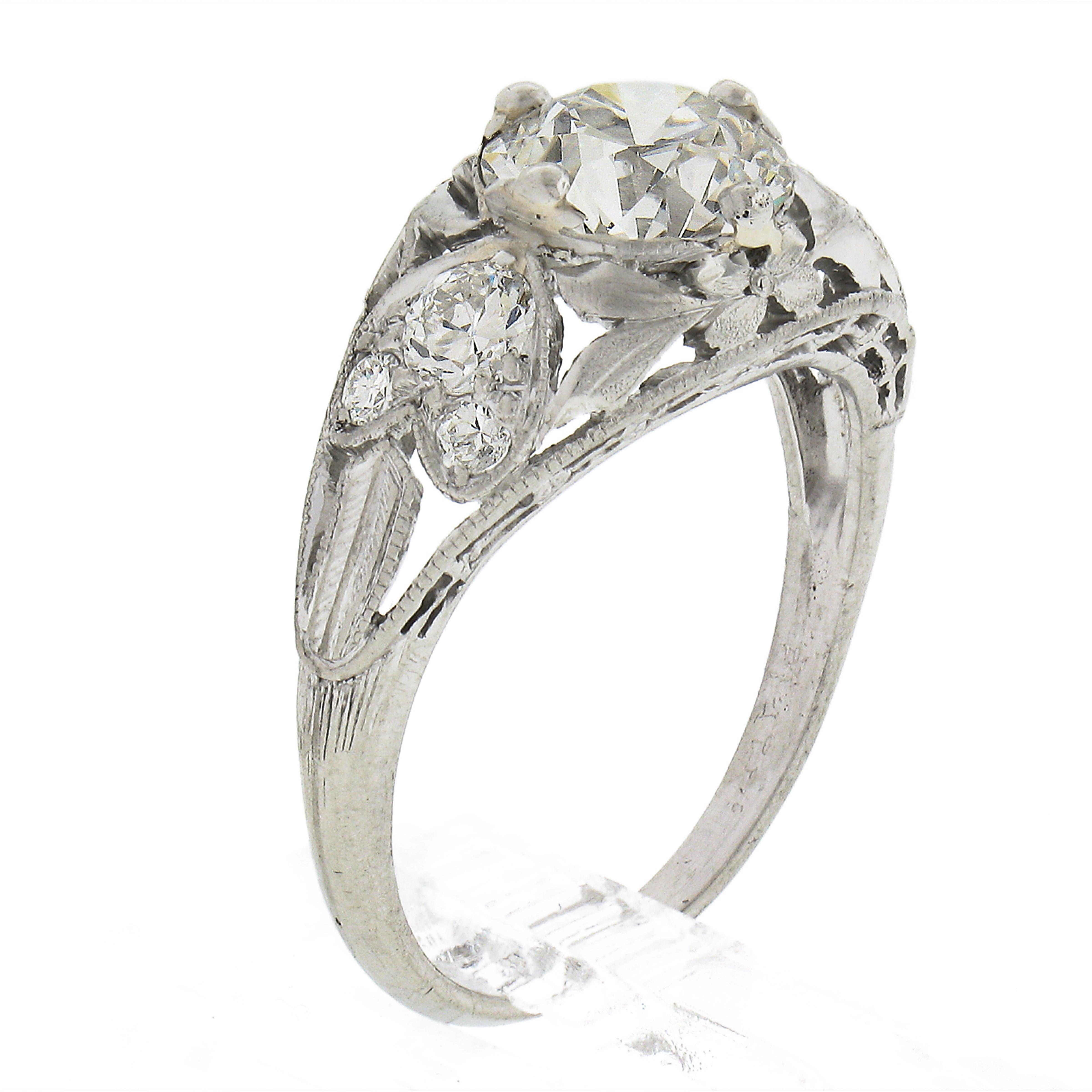 Antique Edwardian Platinum 1.5ct GIA European Diamond Heart Floral Filigree Ring For Sale 5